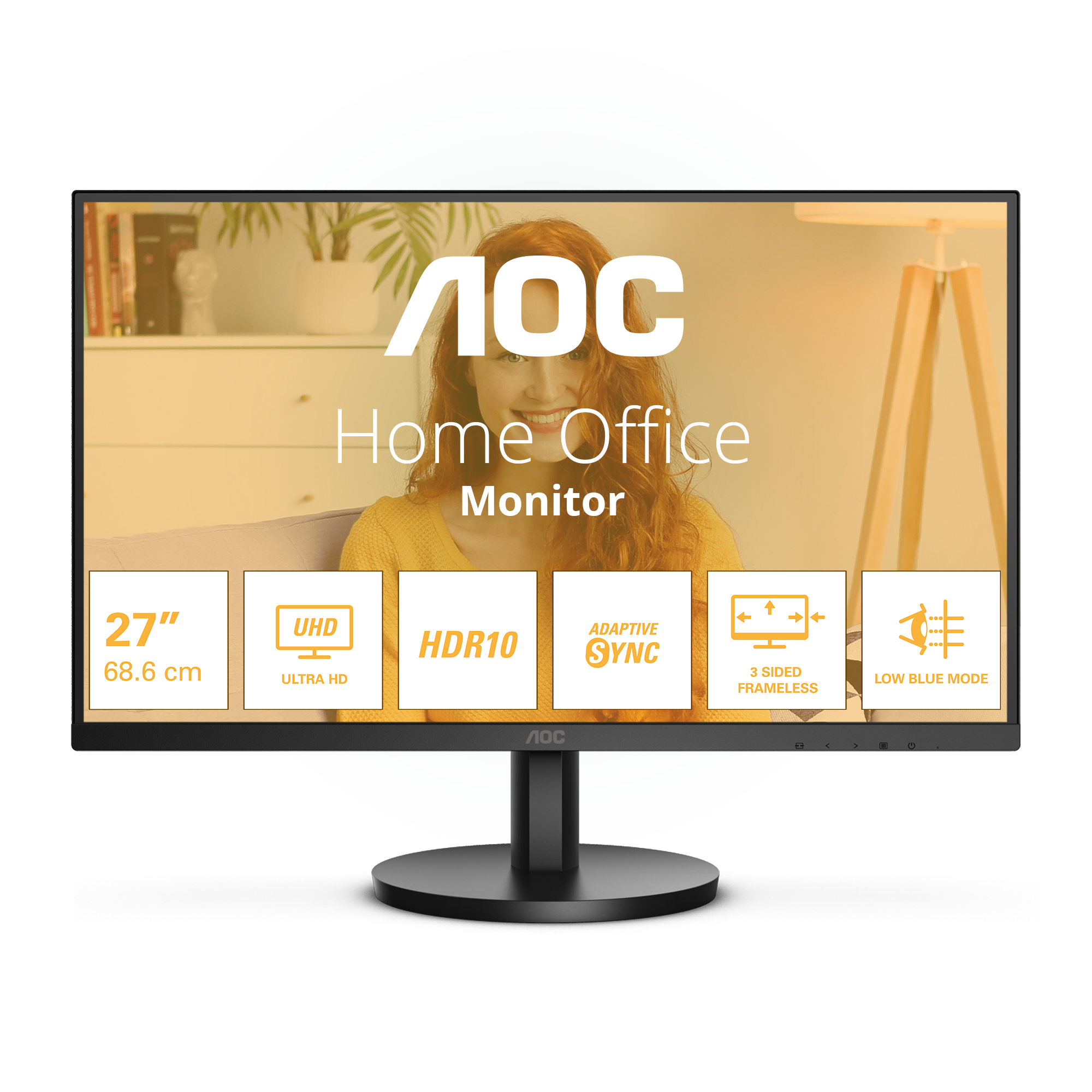 Monitor AOC Home Office. Caratteristiche: 27 pollici, UHD, HDR10, Adaptive Sync, senza bordi e modalità luce blu ridotta.