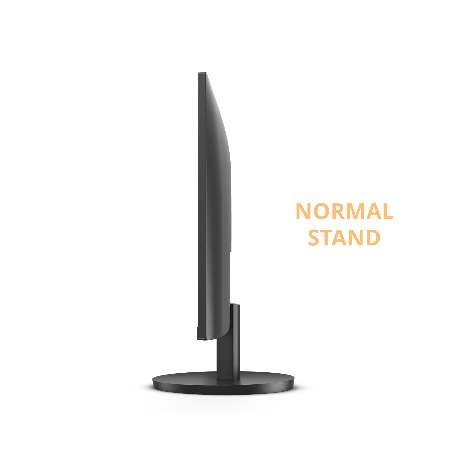 Un monitor del computer nero in vista laterale. È su uno sfondo bianco. Le parole NORMAL STAND sono scritte.