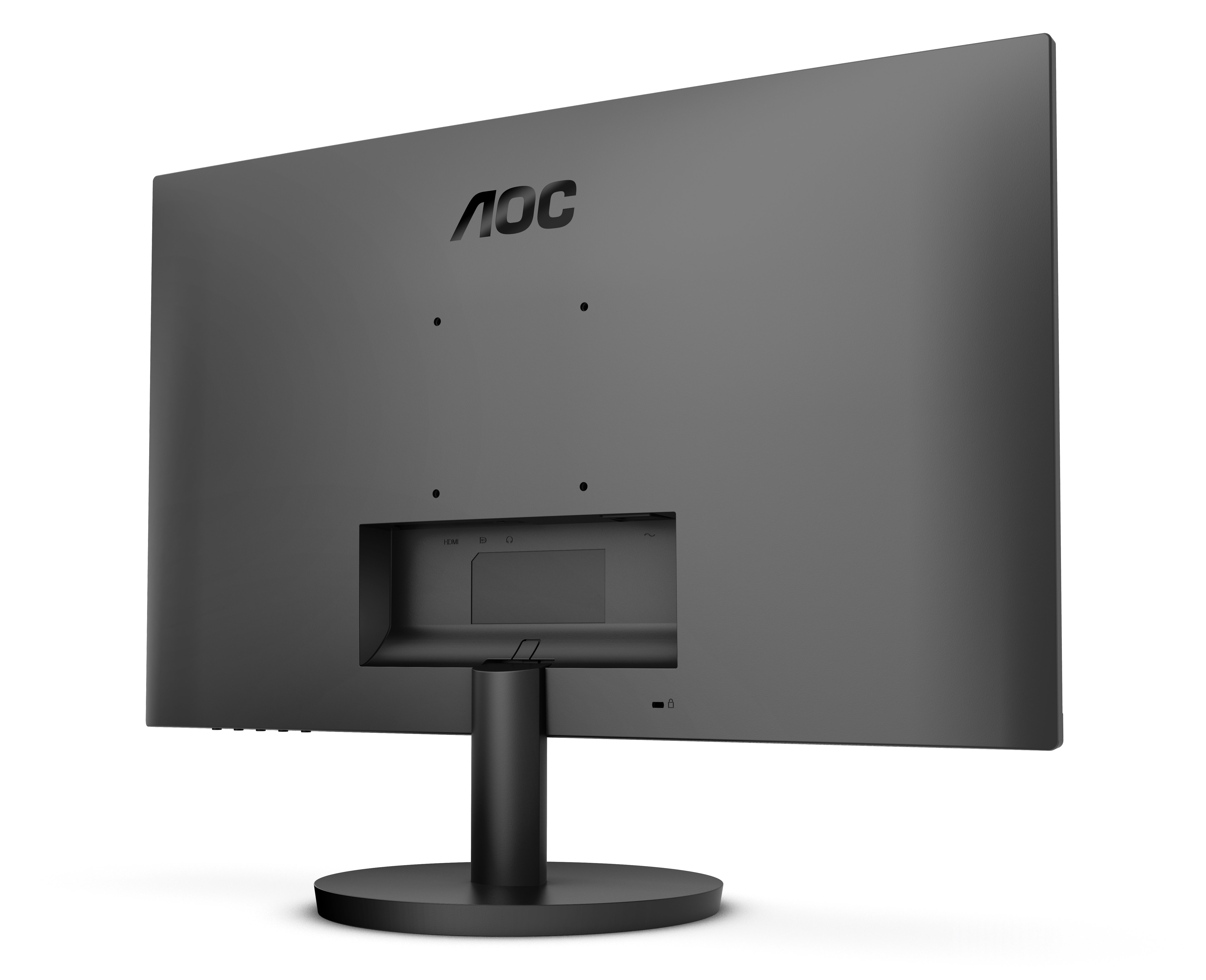 Vista posteriore di un monitor AOC nero su sfondo bianco. Il monitor ha un supporto e porte. Il logo AOC è visibile.