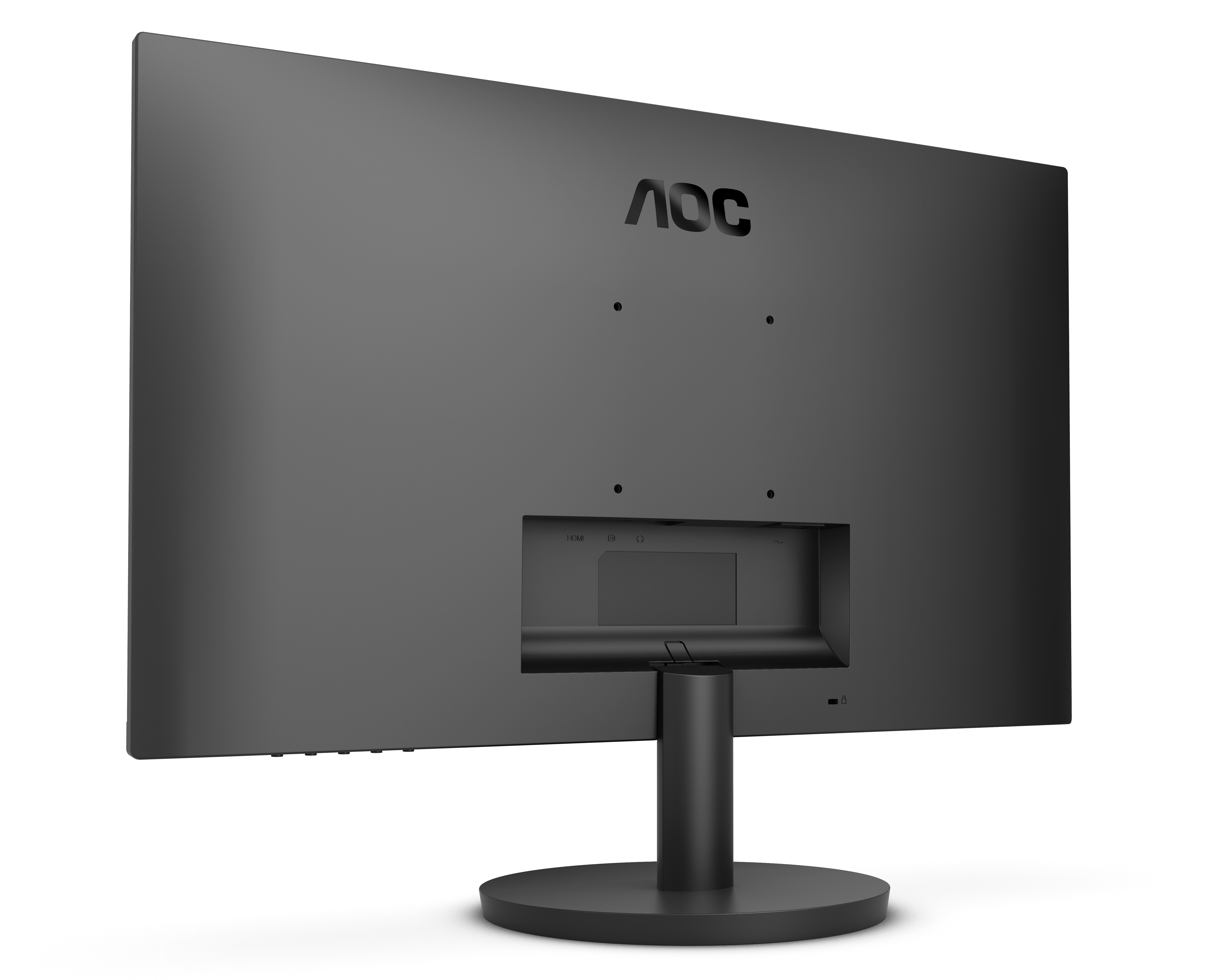 Vista posteriore di un monitor AOC nero, con porte e supporto. Logo AOC visibile in alto. Il monitor è su sfondo bianco.