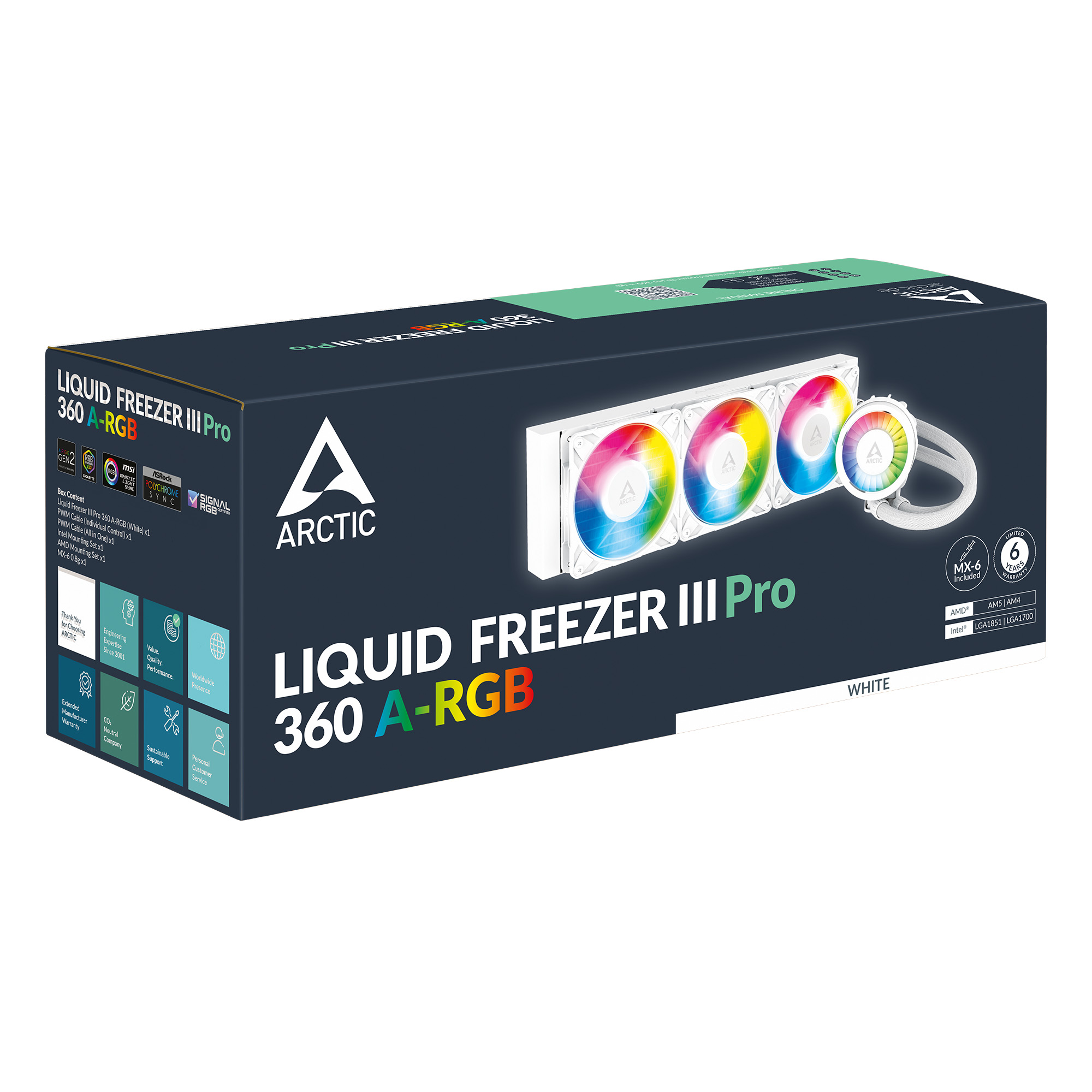 Scatola con ARCTIC Liquid Freezer III Pro 360 A-RGB. Dissipatore bianco con ventole arcobaleno. Include 6 anni di garanzia.