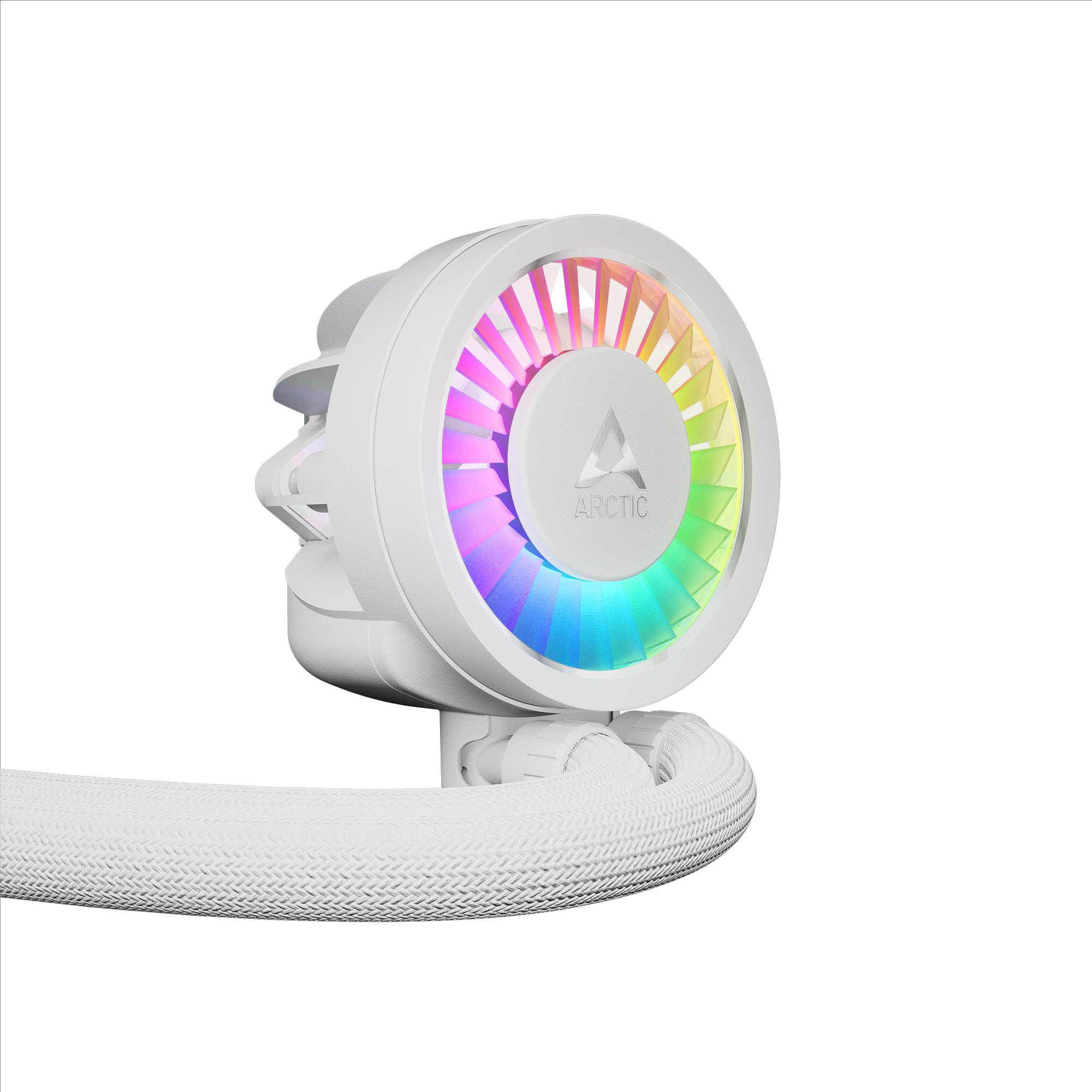 Dissipatore a liquido bianco per computer con ventola arcobaleno e logo ARCTIC. Tubo intrecciato bianco.