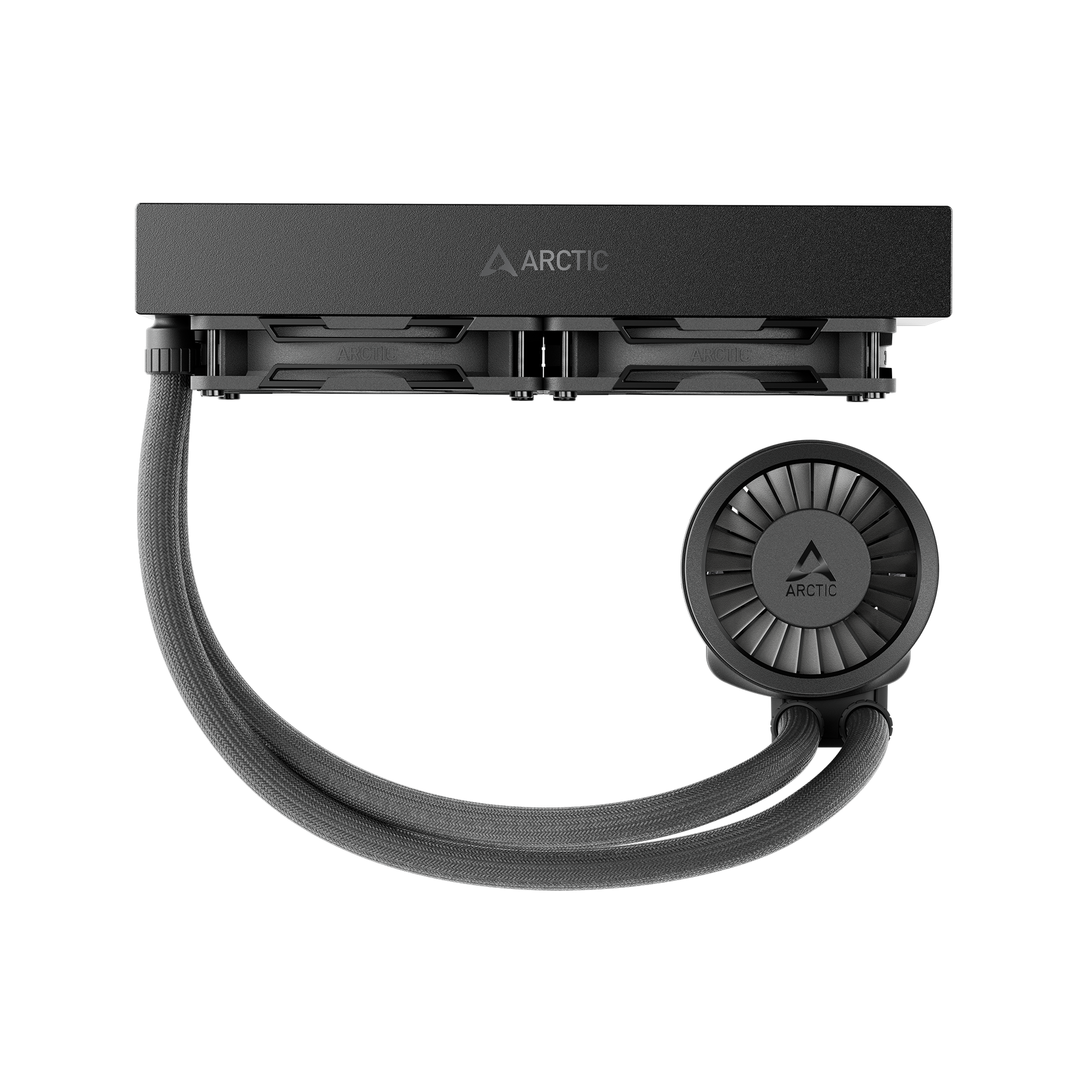 Dissipatore CPU Arctic nero con due ventole, tubi e una pompa. Il logo Arctic è visibile.