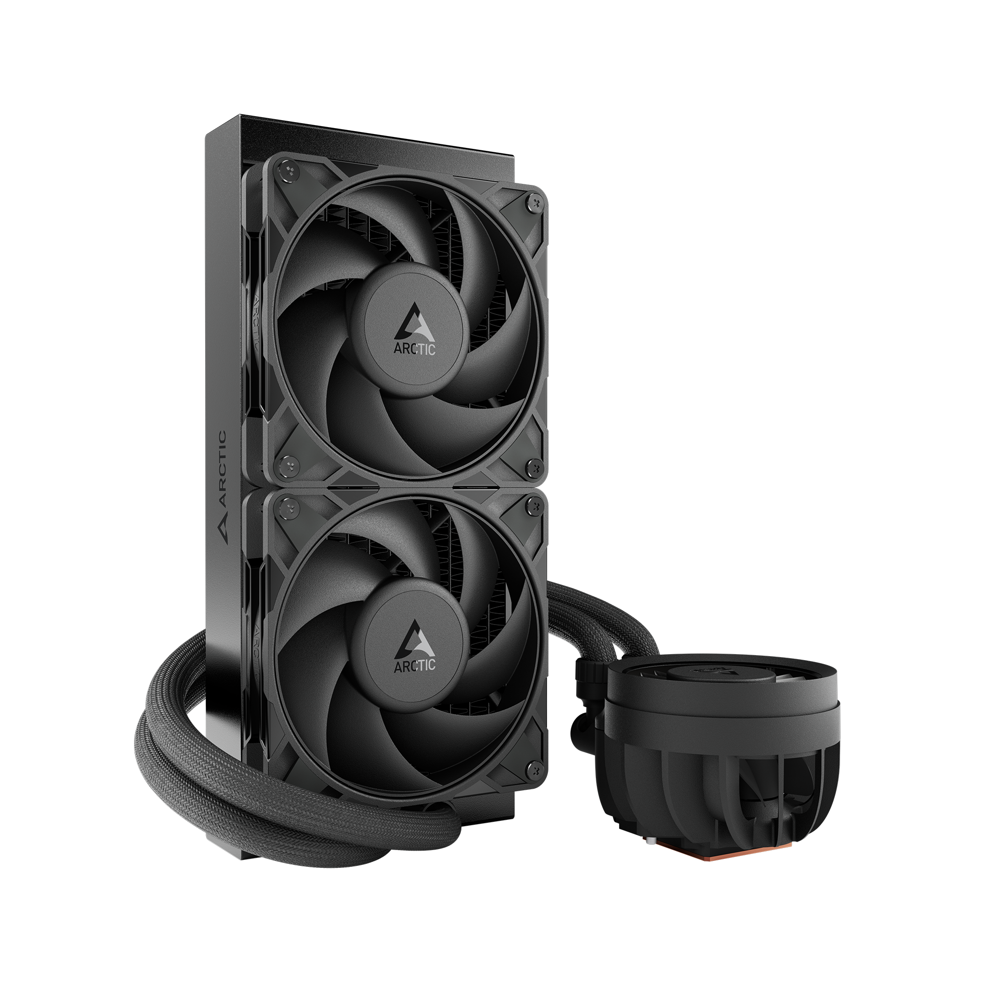 Un dissipatore a liquido ARCTIC nero. Ha due ventole su un radiatore, tubi e una pompa. Lo sfondo è nero.