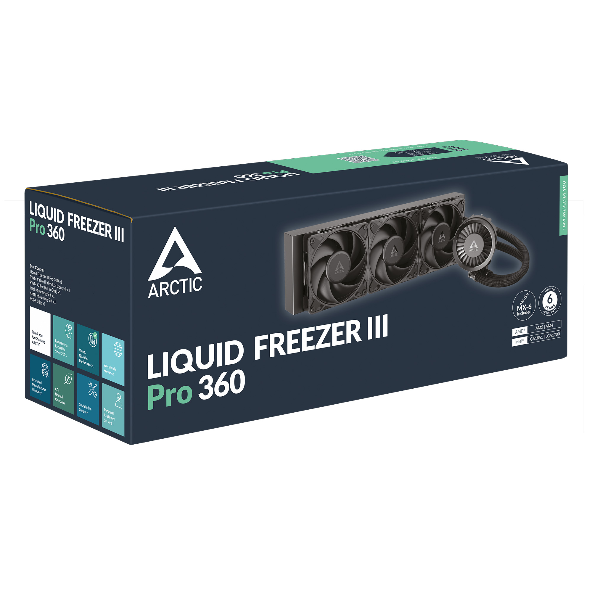 Scatola mostra Arctic Liquid Freezer III Pro 360. Include ventole, unità di raffreddamento e marchio. Schema colori blu scuro e nero.