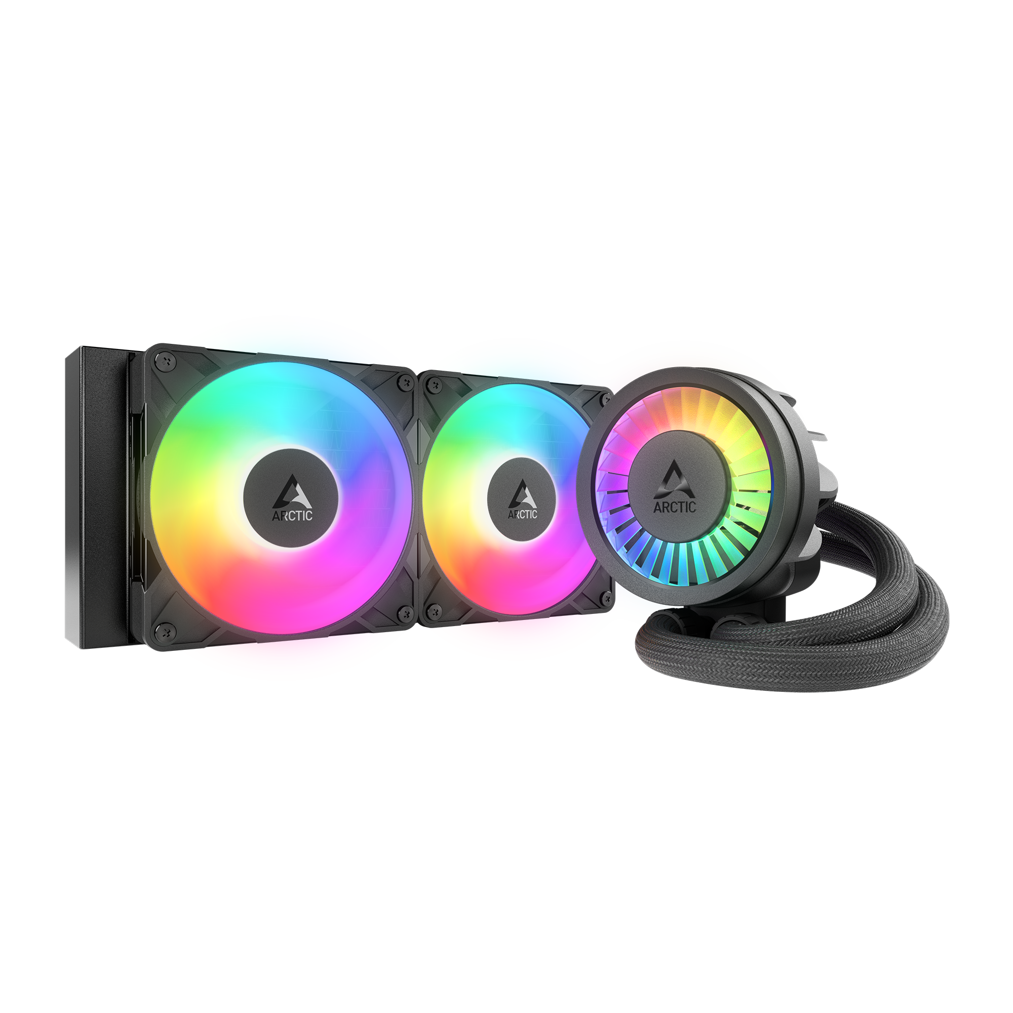 Un dissipatore a liquido per computer con tre ventole. Le ventole hanno luci RGB. Il dissipatore è nero con il logo 'ARCTIC'.