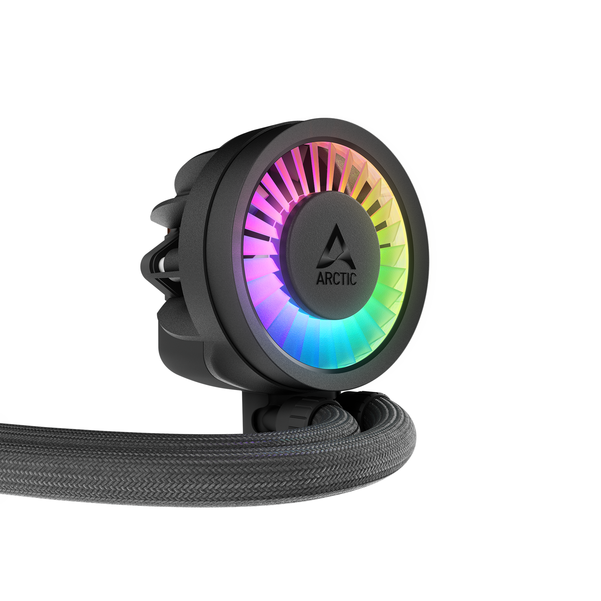 Un dissipatore a liquido per computer nero con ventola arcobaleno e marchio ARCTIC.