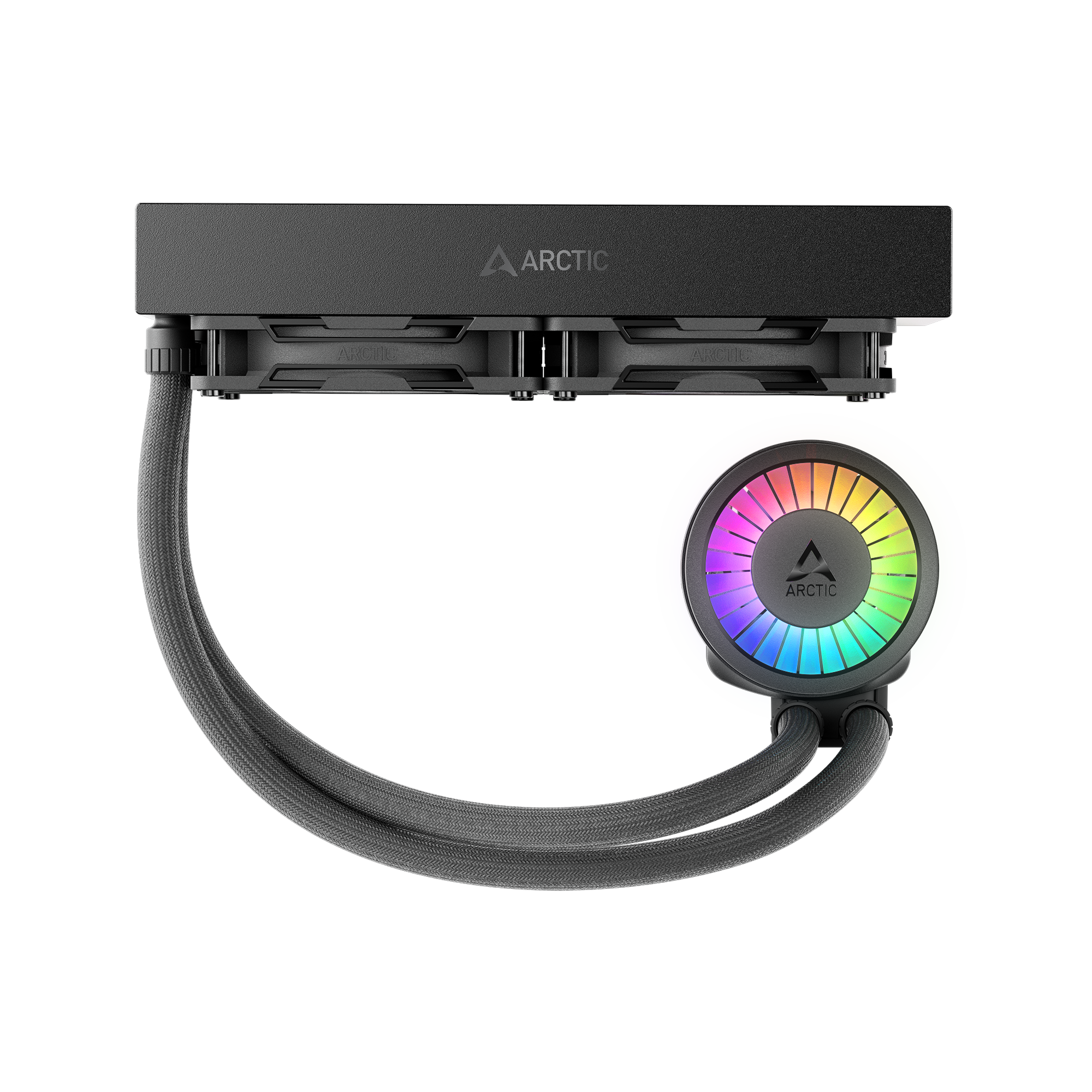 Un dissipatore CPU nero con ventola illuminata arcobaleno. Ha due tubi e il marchio 'ARCTIC'.