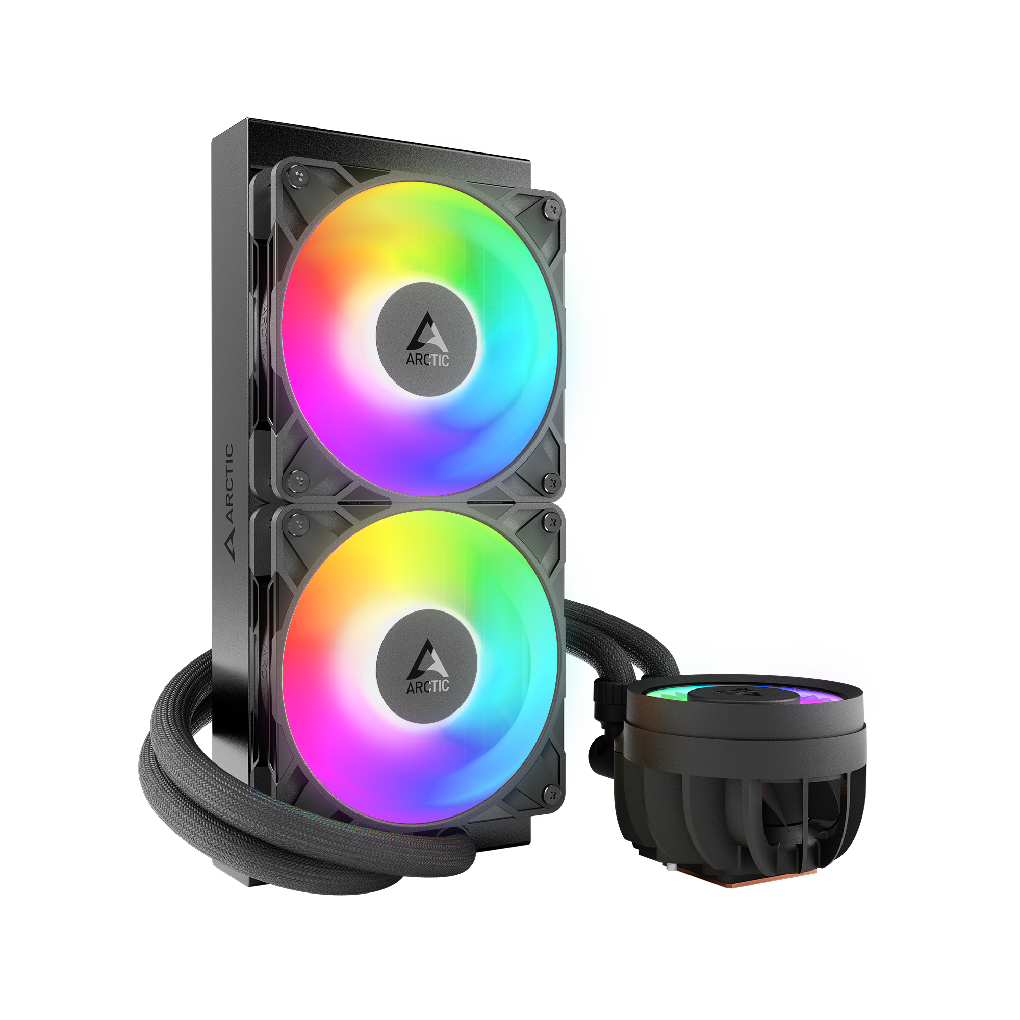 Un dissipatore CPU nero con due ventole che mostrano colori arcobaleno. È visibile anche un'unità pompa separata, collegata da tubi neri.