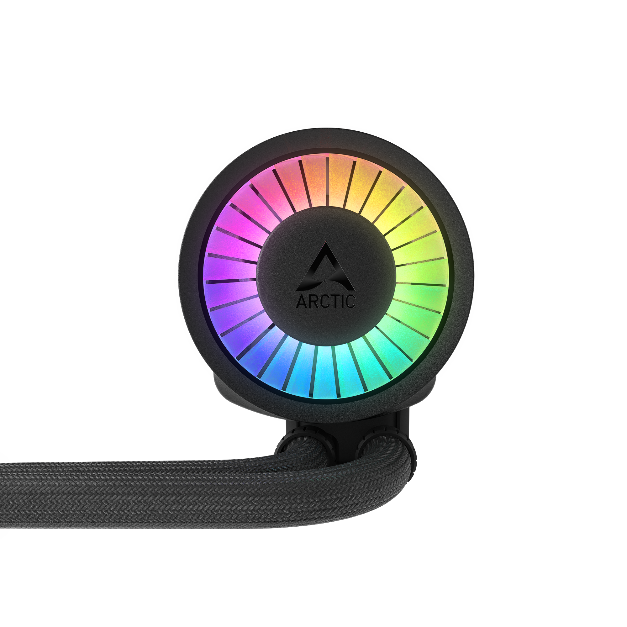 Un dissipatore a liquido per computer con luce LED RGB circolare. Il dissipatore ha una base nera e i tubi sono rivestiti in tessuto nero.