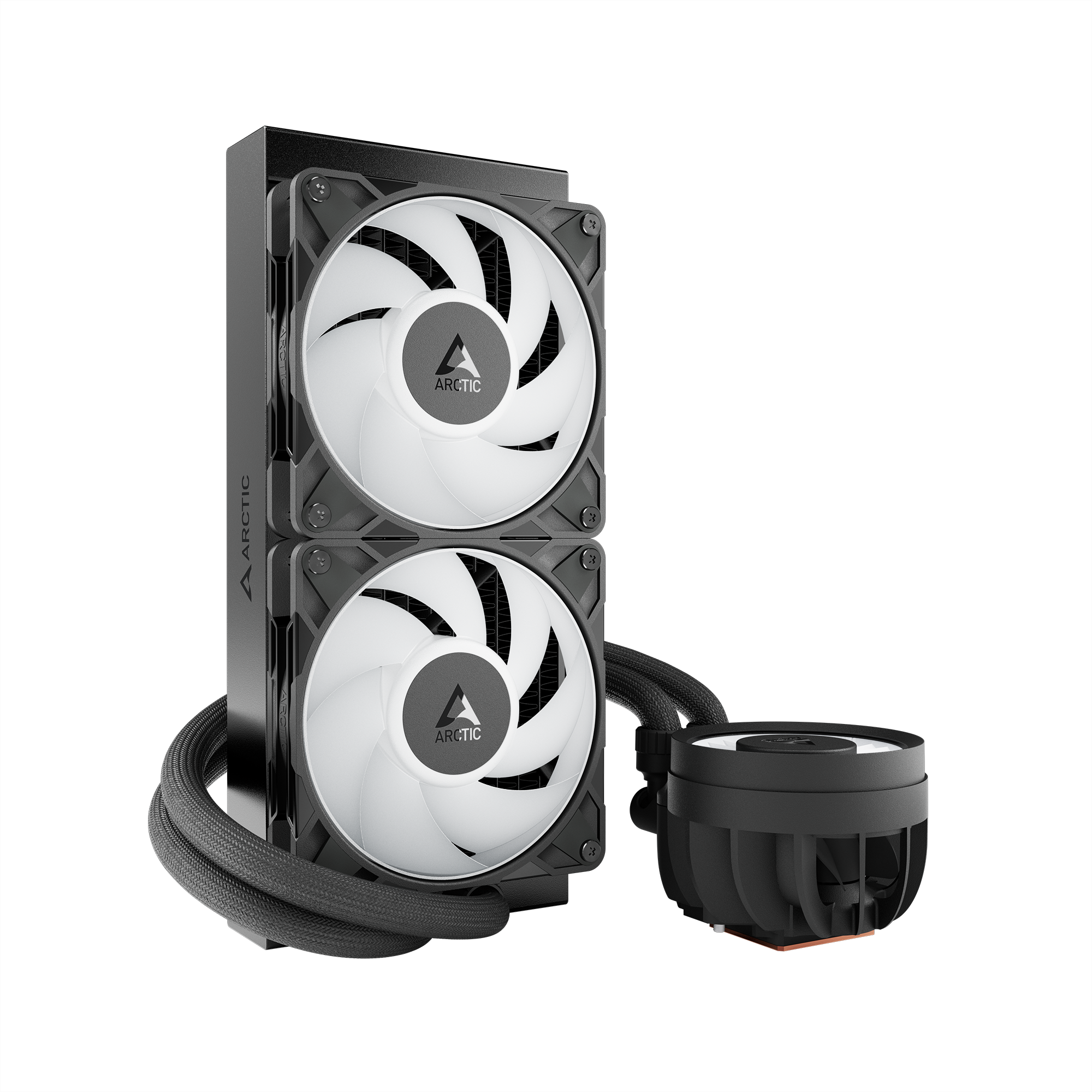 Un dissipatore CPU nero con due ventole a pale bianche e una pompa nera circolare. Il logo Arctic è visibile sulle ventole.