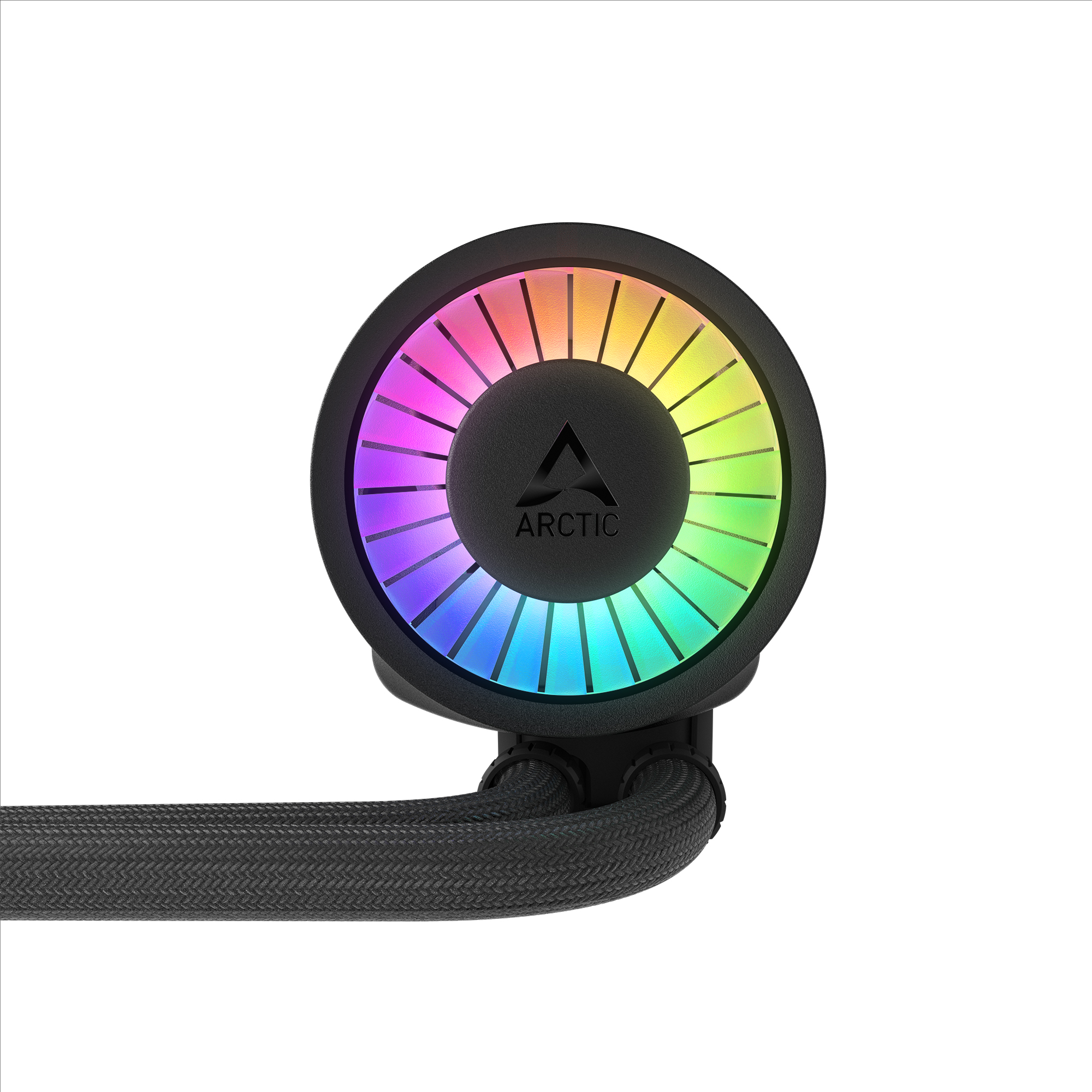 Un dissipatore CPU nero con display LED RGB circolare. Il marchio 'ARCTIC' è visibile. Tubi intrecciati collegano il dissipatore.