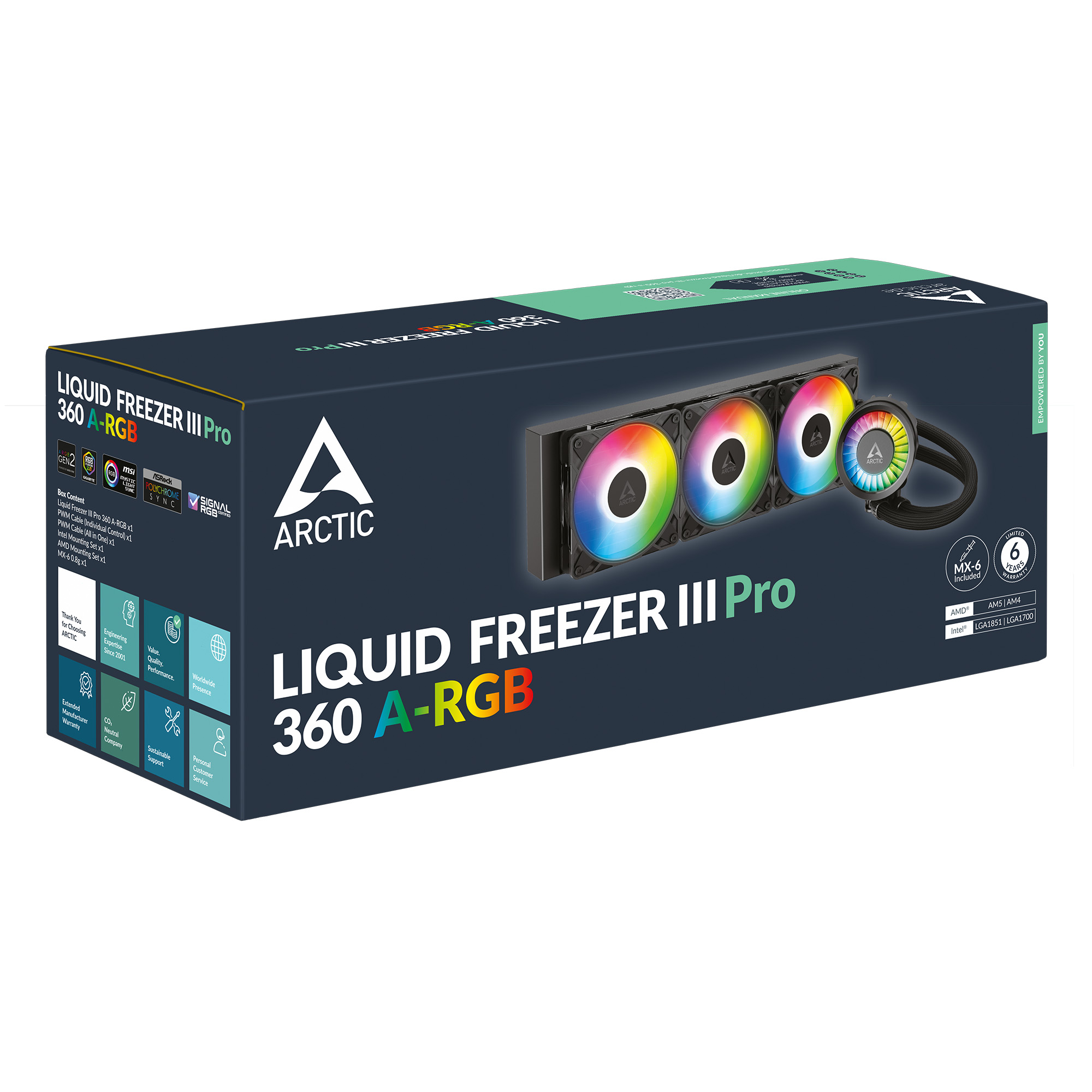 Scatola di Arctic Liquid Freezer III Pro 360 A-RGB. Mostra il prodotto con ventole arcobaleno e il logo ARCTIC.