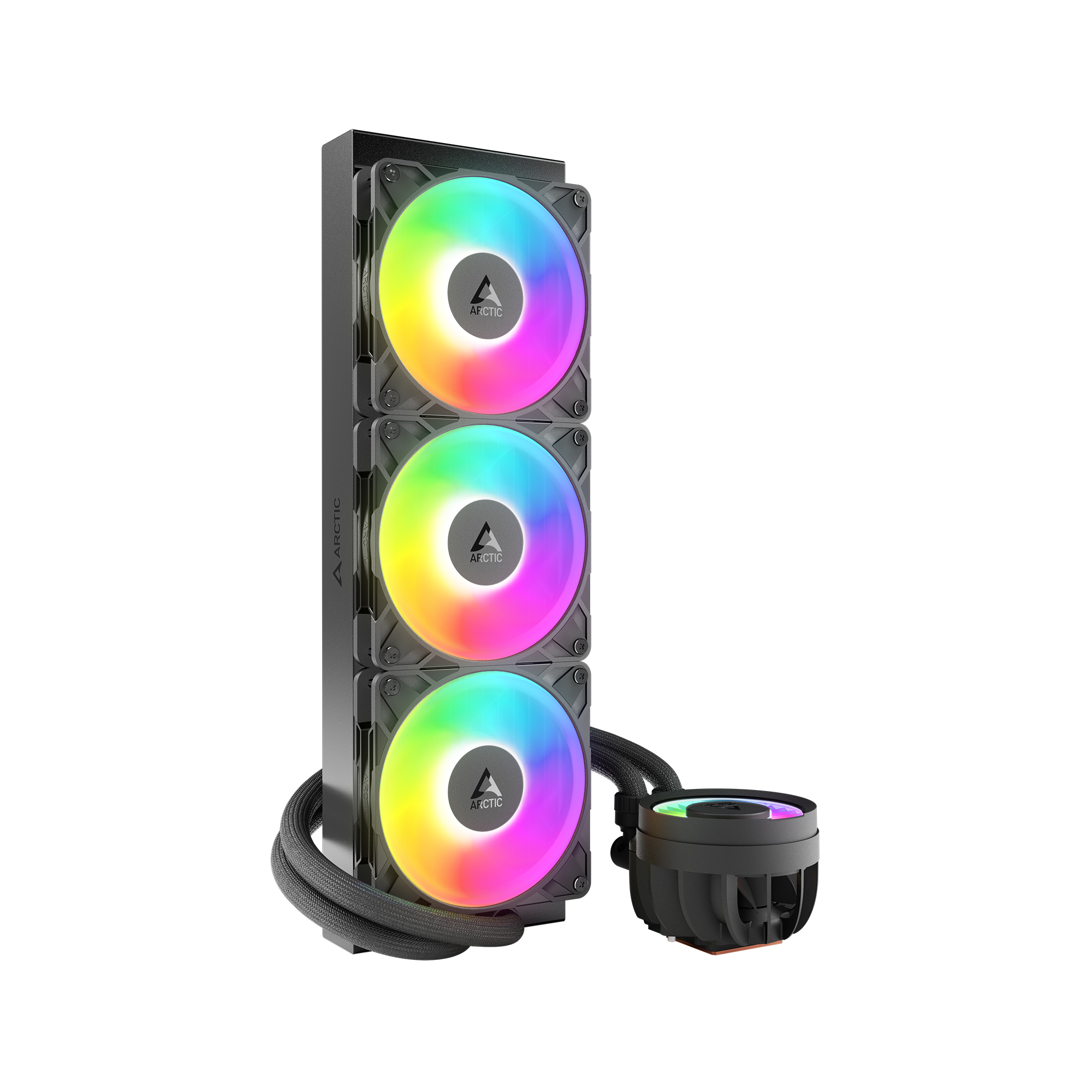 Un dissipatore CPU nero con tre ventole, ciascuna illuminata con colori arcobaleno. Una pompa separata è collegata tramite tubi.