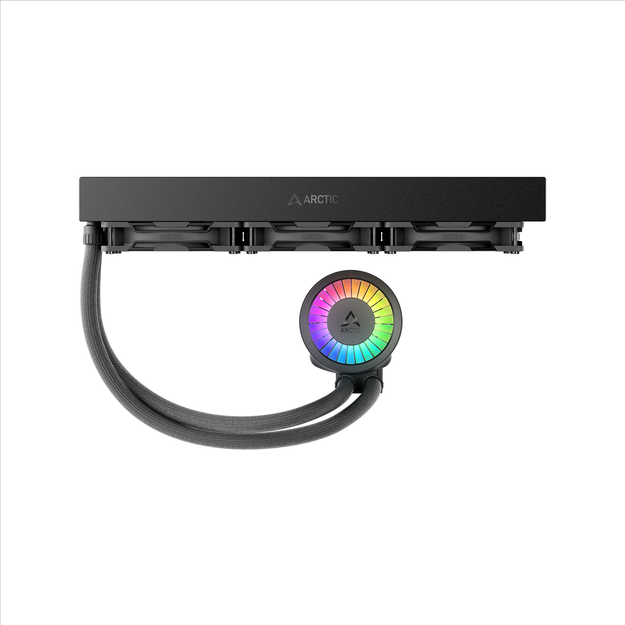Un dissipatore CPU Arctic nero con pompa LED arcobaleno e due tubi. Sfondo bianco.
