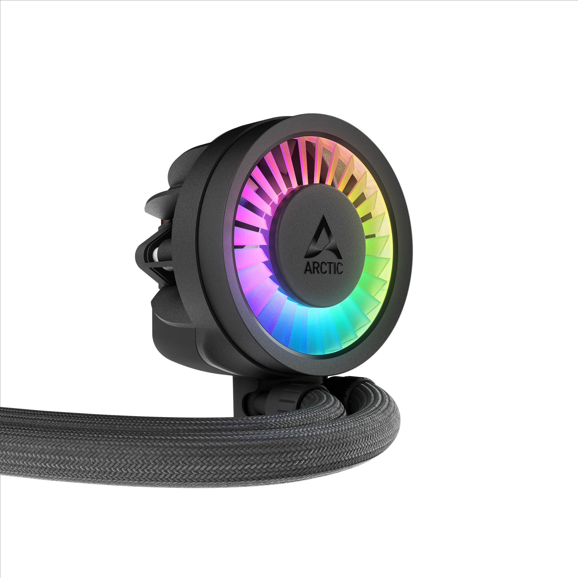 Un dissipatore CPU nero con una ventola circolare che mostra i colori dell'arcobaleno. Il dissipatore ha un tubo rivestito in tessuto.
