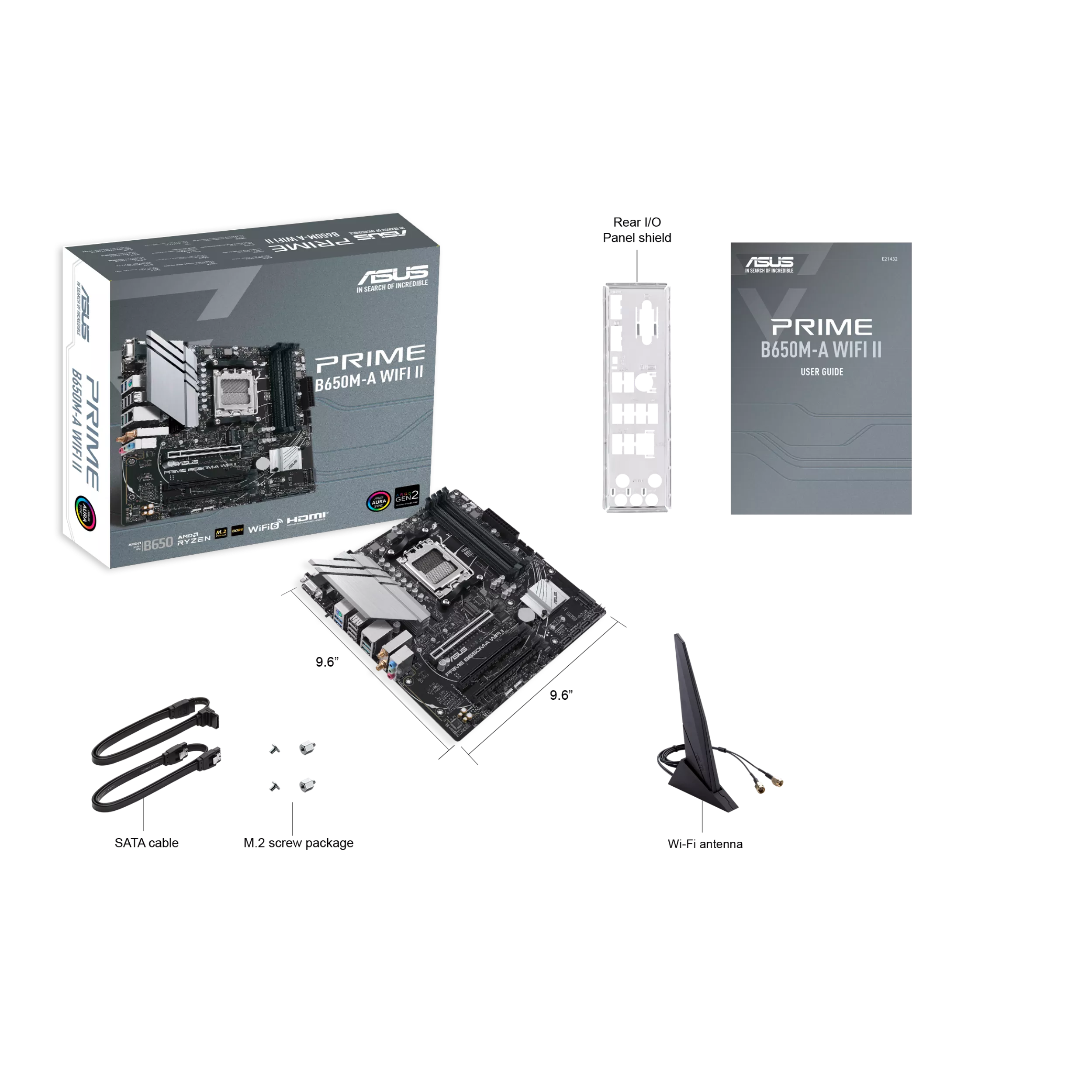 Un kit de carte mère ASUS Prime B650M-A WIFI II. Inclut carte mère, manuel, plaque arrière, câbles SATA et antenne.
