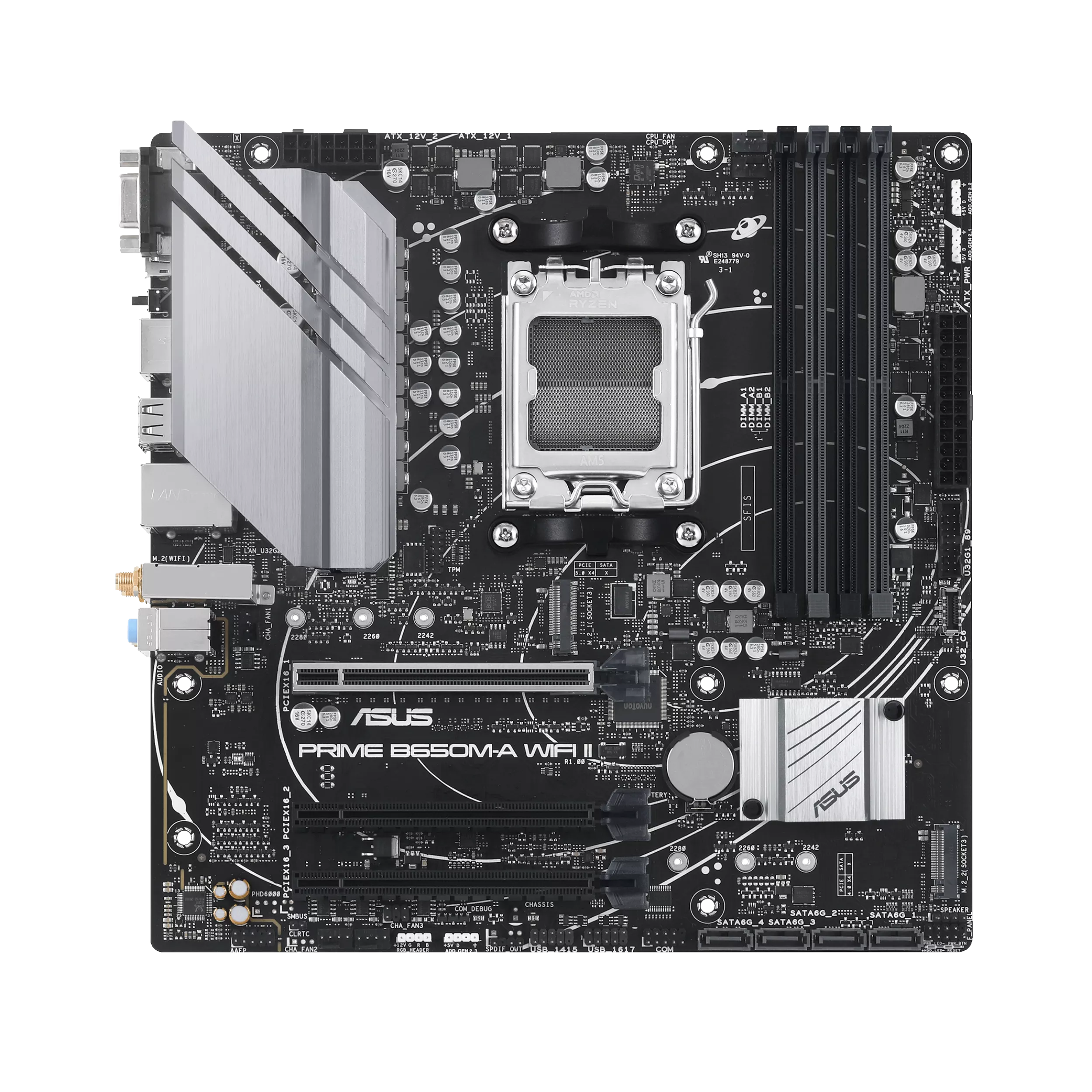 Une carte mère ASUS noire avec des dissipateurs thermiques argentés et divers composants, sur fond noir.