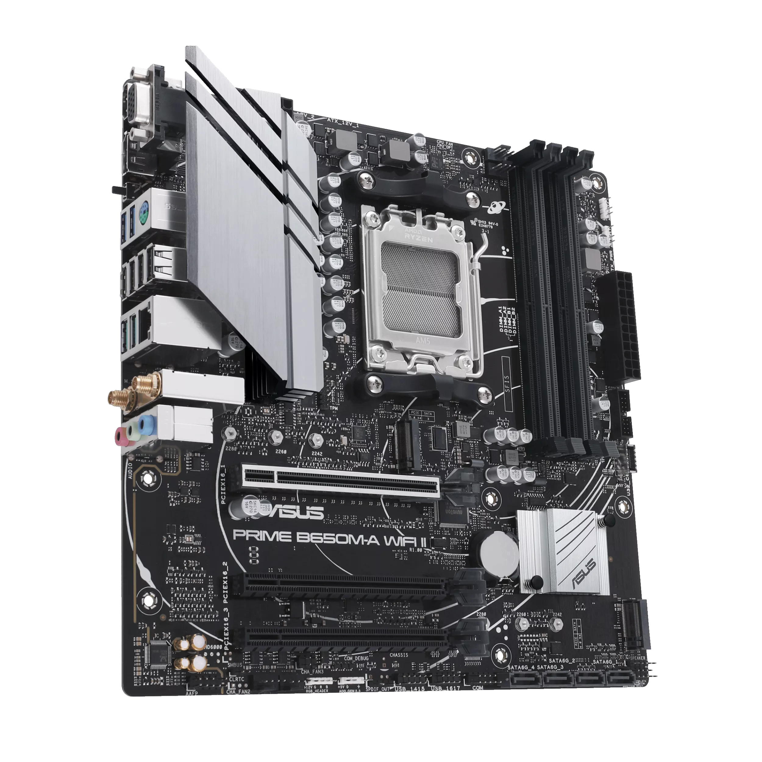 Une carte mère noire ASUS Prime B650M-A WIFI II avec des dissipateurs thermiques argentés et divers ports.
