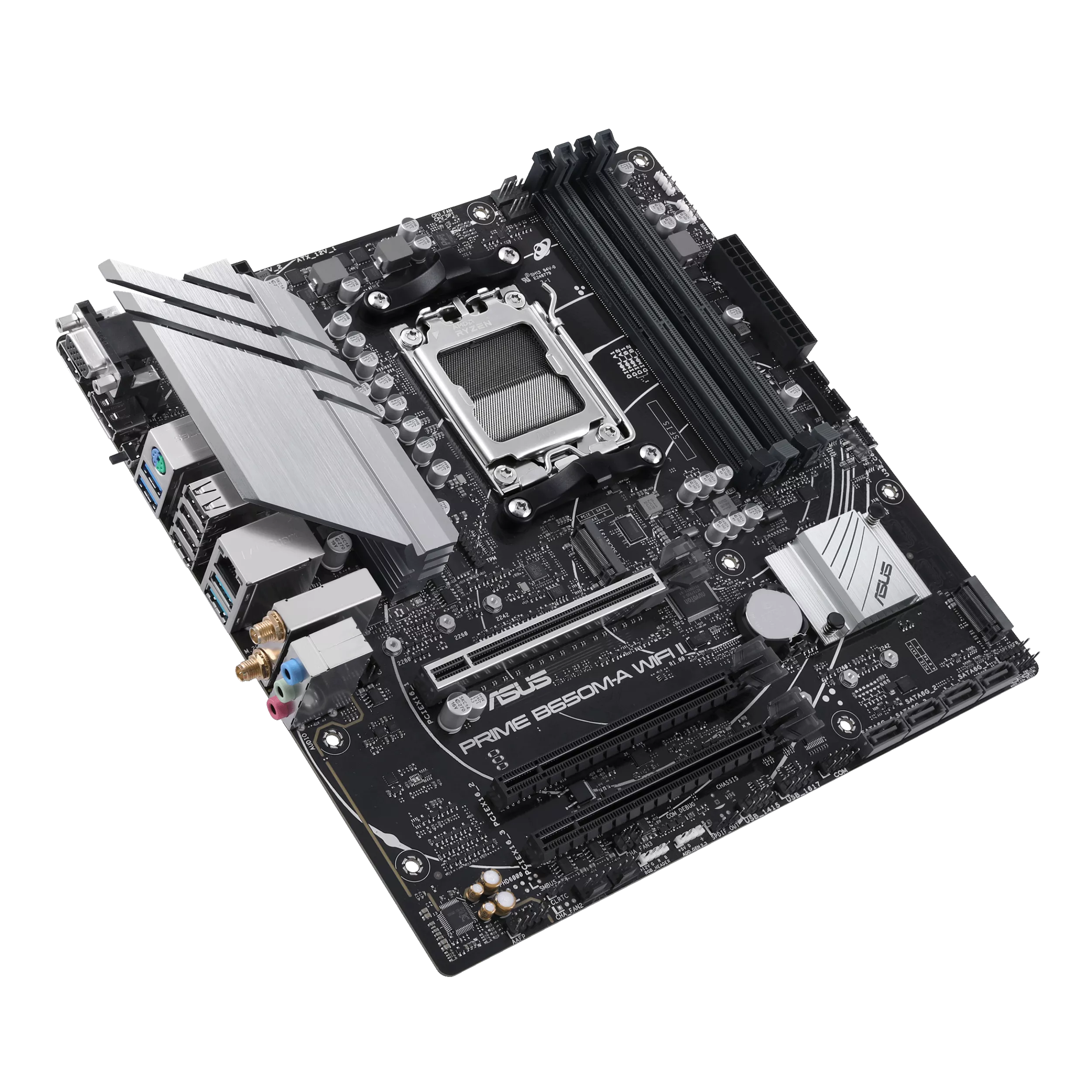 Une carte mère ASUS Prime B550M-A WiFi noire avec des dissipateurs thermiques argentés et divers emplacements et connecteurs.