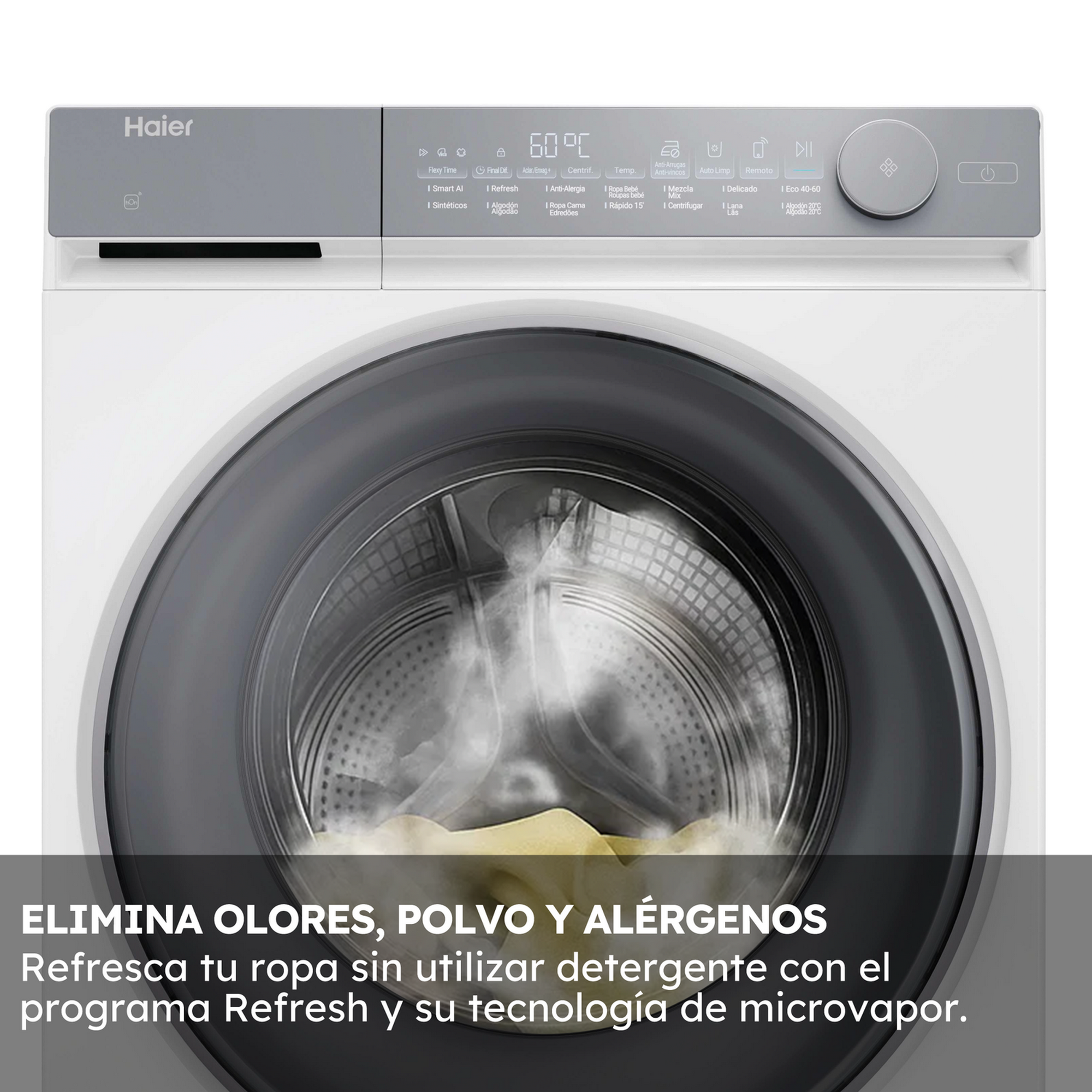 Una lavadora Haier con pantalla digital de 60 grados. El vapor sale del tambor.