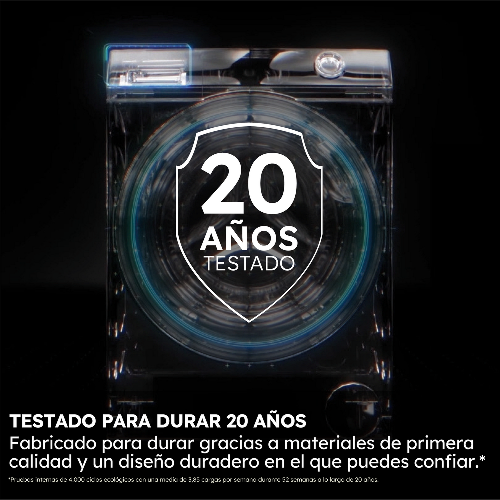 Lavadora con una garantía de durabilidad de 20 años. Tiene un logotipo en forma de escudo con el texto '20 AÑOS TESTADO' en blanco.