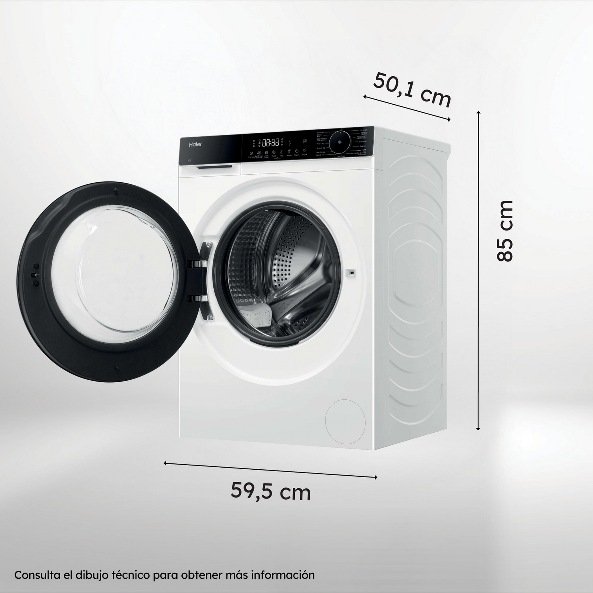 Una lavadora Haier blanca con la puerta abierta. Las dimensiones se indican en la imagen.