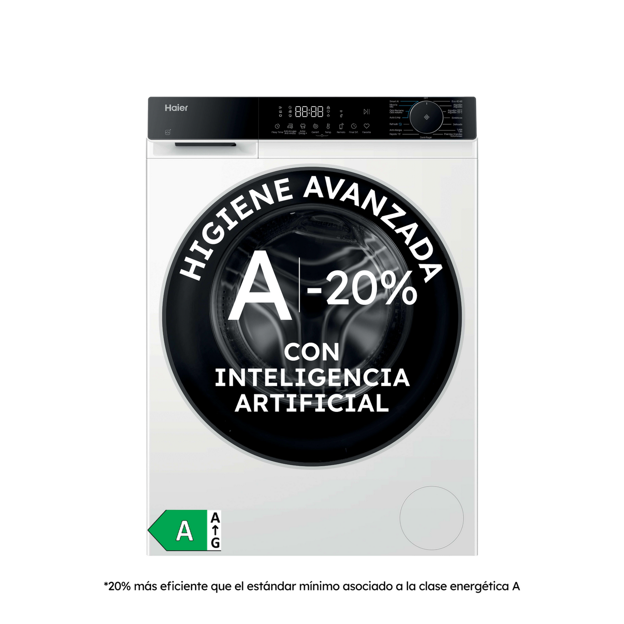 Lavadora Haier blanca con panel de control negro, etiqueta circular y etiqueta de eficiencia energética.