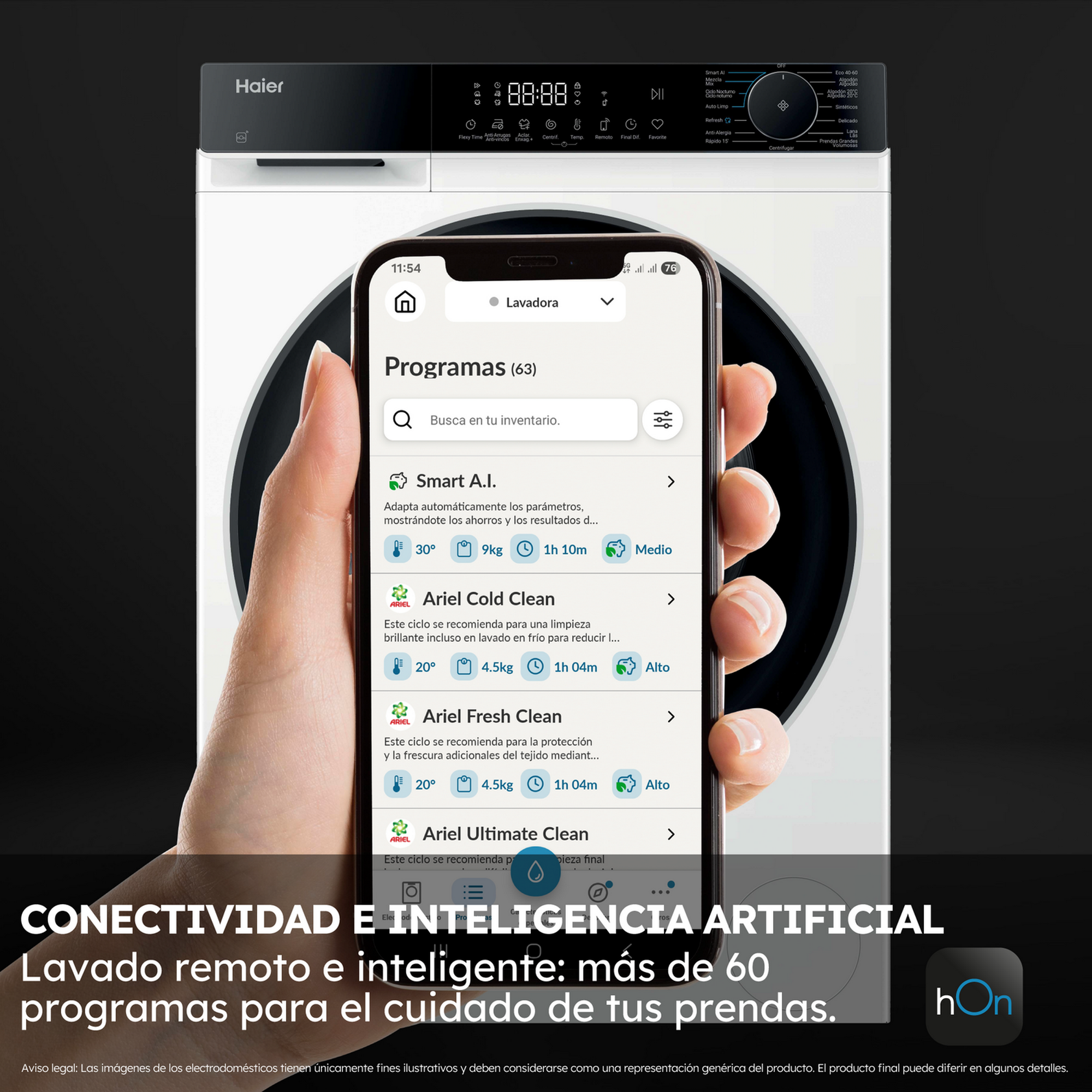 Lavadora con teléfono que muestra programas de lavado. Texto: Conectividad e Inteligencia Artificial. Lavado remoto e inteligente.