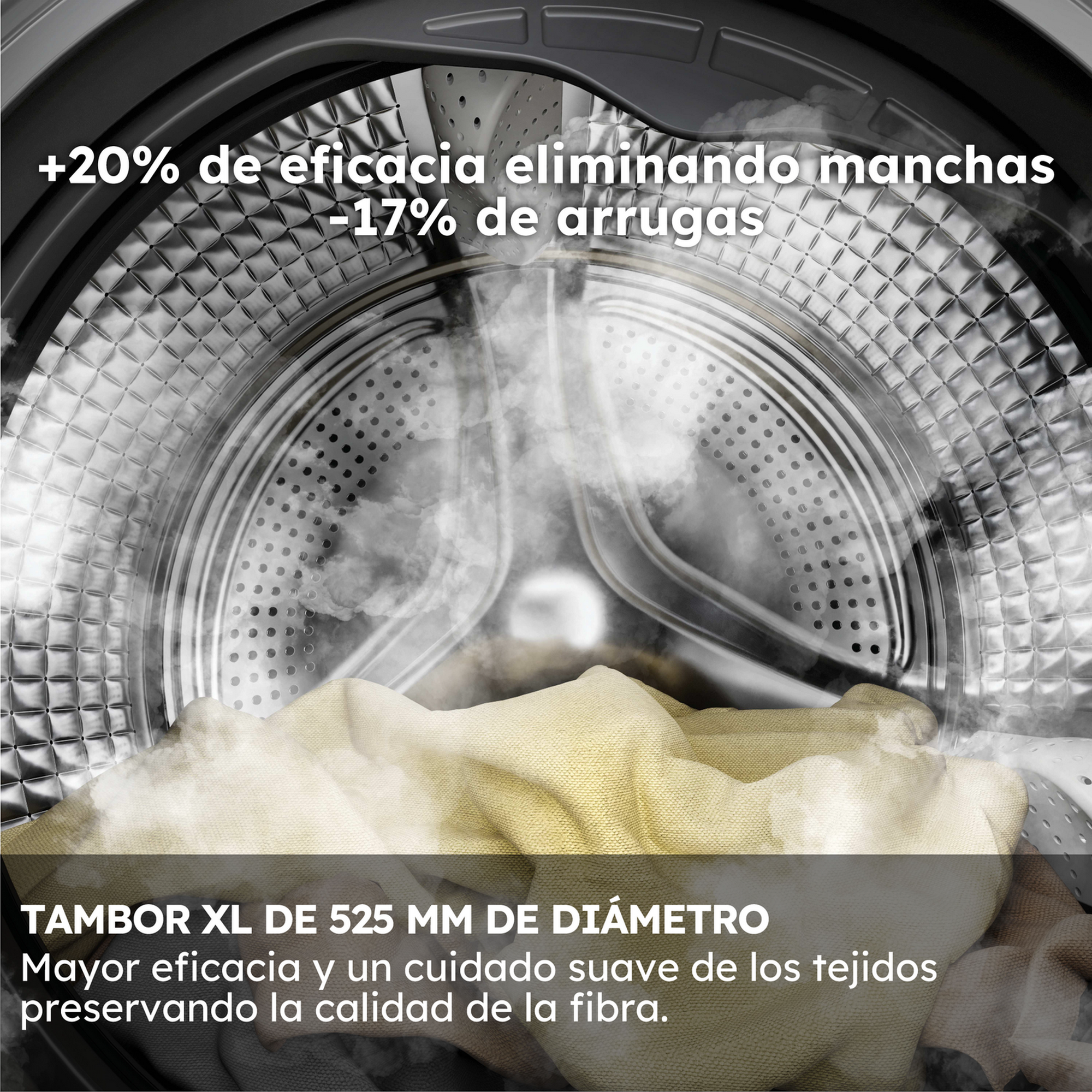 Interior de lavadora con vapor y ropa. El texto indica eliminación de manchas, reducción de arrugas y tamaño del tambor.