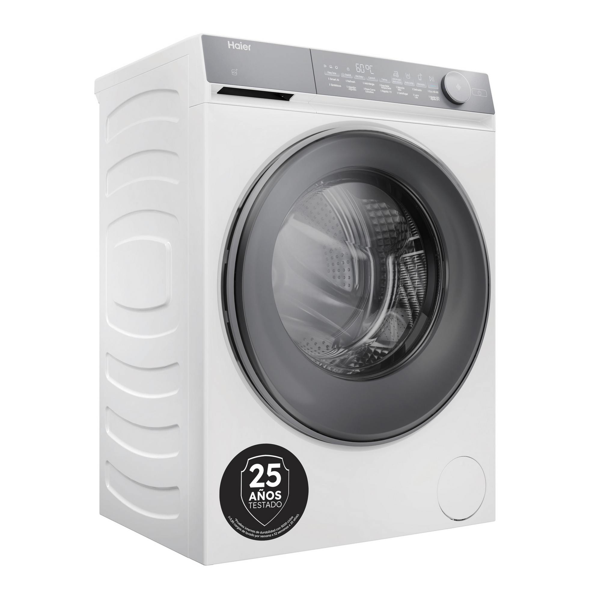 Una lavadora Haier blanca con una puerta gris oscura. Tiene un panel de control y una etiqueta redonda que dice '25 Años Testado'.