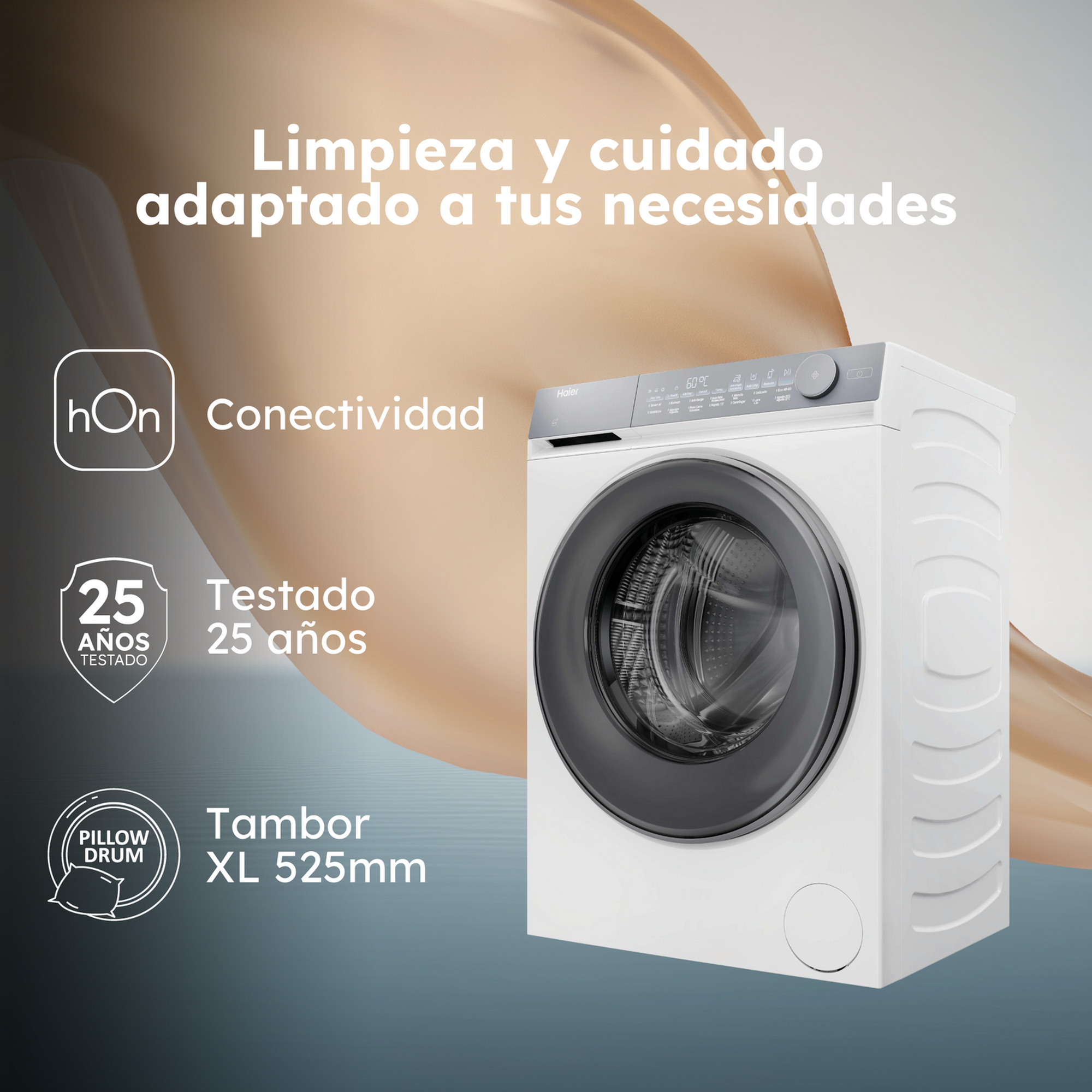 Una lavadora Haier blanca. El texto incluye 'Limpieza y cuidado', 'Conectividad', '25 años' y 'Tambor XL 525mm'.
