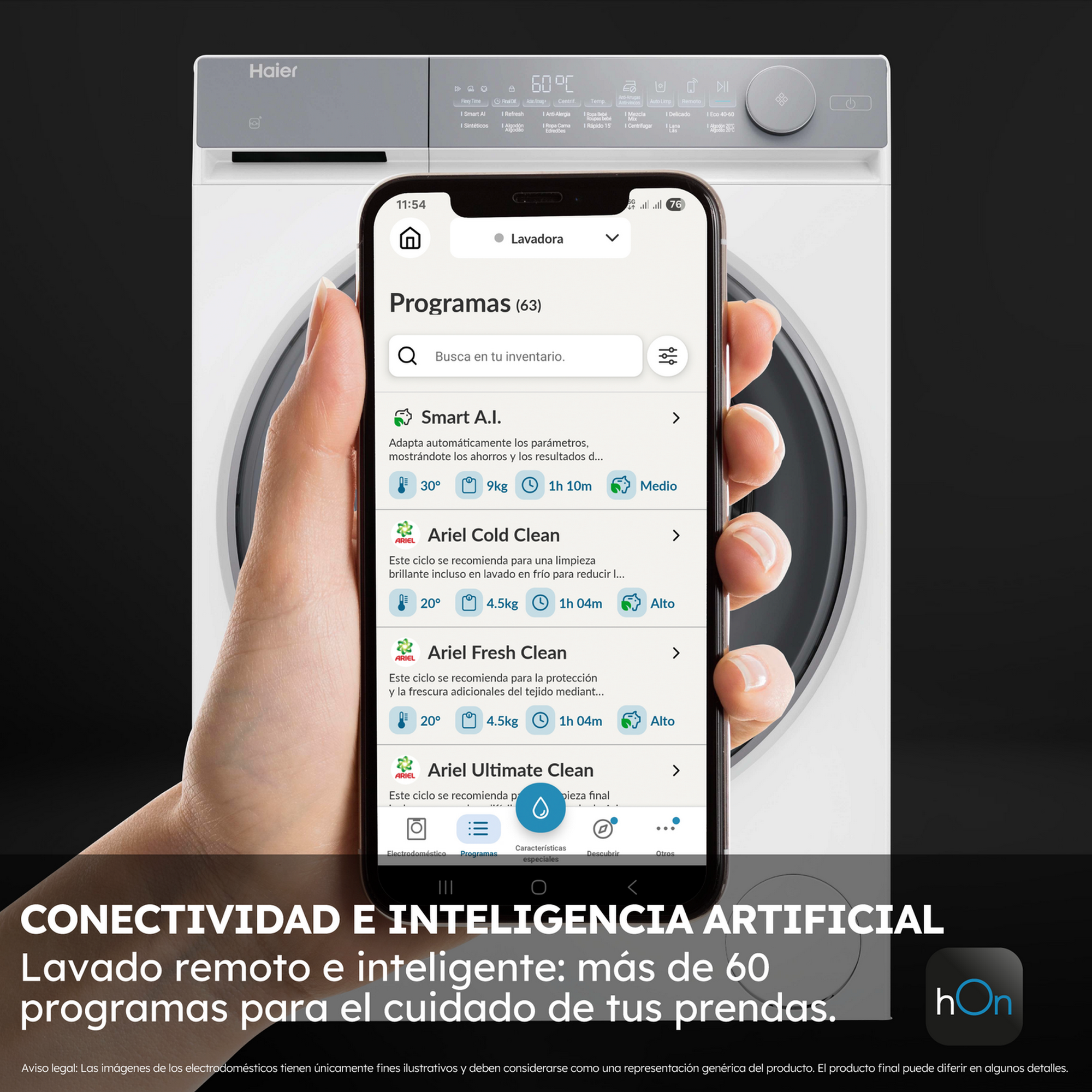 Una mano sostiene un teléfono con una app de lavadora. La máquina es blanca. Texto: 'Conectividad e IA'.