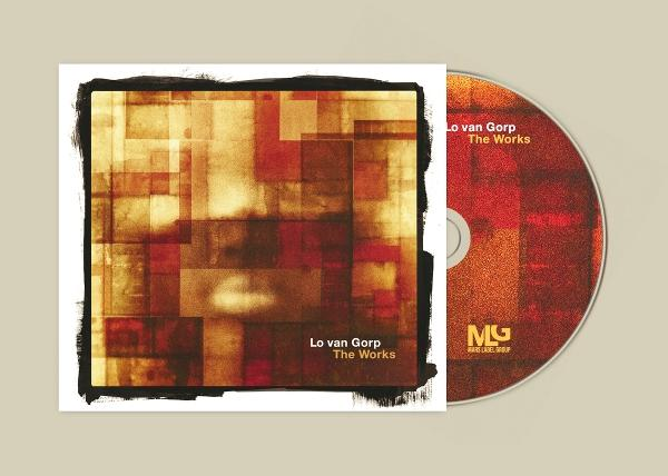CD und Cover-Art für 'Lo van Gorp - The Works'. Das Cover zeigt ein abstraktes geometrisches Design in Rot- und Goldtönen.