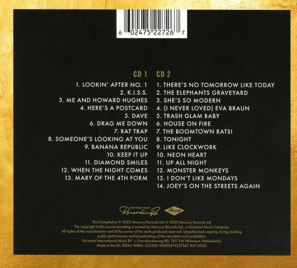 CD-Cover mit Titellisten für zwei CDs. Schwarzer Text auf goldenem Hintergrund. Listet Songtitel und Copyright-Informationen.