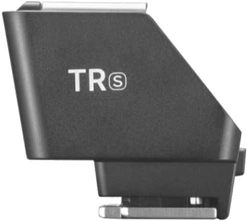 Ein schwarzes Kamerazubehör mit dem Text 'TR®'. Es hat eine rechteckige Basis und eine schräge Oberseite mit einem silbernen Metallteil.