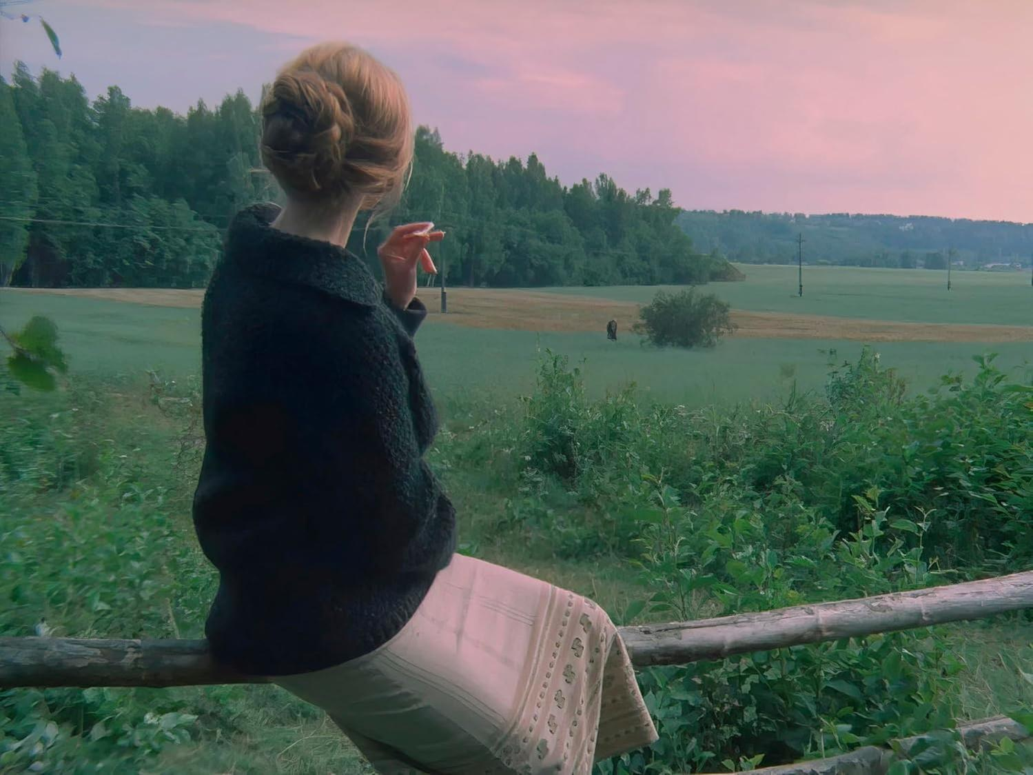 Frau sitzt auf einem Zaun, blickt auf ein grünes Feld und einen Wald unter rosa Himmel. Sie trägt einen schwarzen Pullover und Rock.