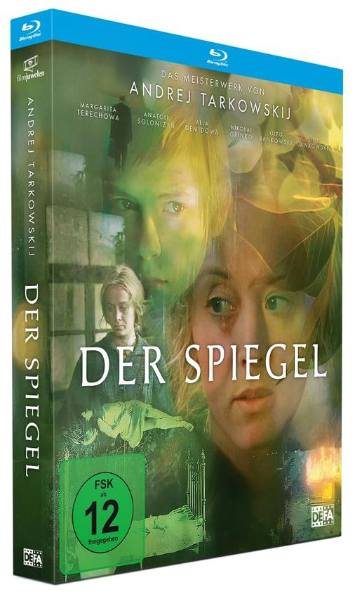 Blu-ray-Cover für Der Spiegel. Enthält Gesichter, Titel und Bewertung. Blaue Hülle mit Filmtitel auf Deutsch und Schauspielernamen.