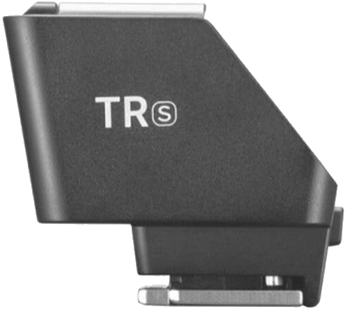 Ein schwarzer Kamera-Blitzadapter mit dem Text 'TR(S)' an der Seite. Er hat eine silberne Basis und eine obere Komponente.