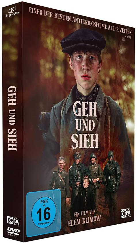 DVD-Cover des Films "Komm und sieh". Ein junger Mann mit Mütze steht vor einer Gruppe von Soldaten. Titeltext ist sichtbar.