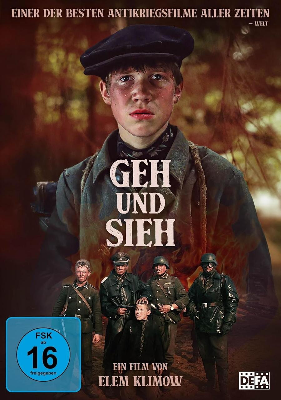 Filmplakat mit einem Jungen mit Mütze, Titel 'Geh und Sieh' und eine Gruppe von Soldaten. FSK 16-Einstufung ist sichtbar.