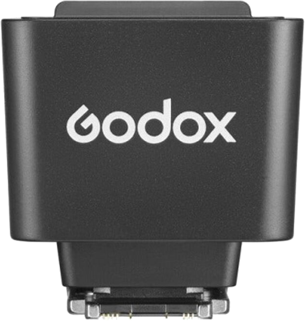 Schwarzer Godox-Blitzadapter mit weißem Logo. Er hat einen Metallsockel und ein rechteckiges Design. Der Hintergrund ist schlicht weiß.
