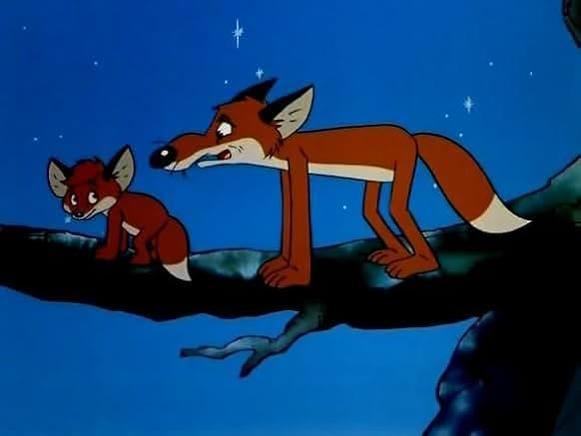 Zwei Cartoon-Füchse auf einem Ast bei Nacht. Der größere Fuchs hat den Mund offen. Der kleinere Fuchs schaut nach unten. Sterne sind am Himmel.