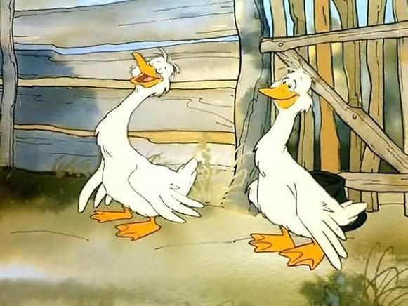 Zwei weiße Gänse mit orangefarbenen Füßen und Schnäbeln stehen in der Nähe eines Holzzauns. Eine Gans hat einen geöffneten Schnabel. Cartoon-Stil.