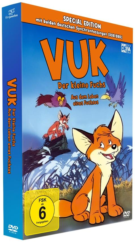 DVD-Hülle von VUK, einem Zeichentrickfilm. Enthält einen orangefarbenen Fuchs, Zeichentrickvögel und Text auf Deutsch.