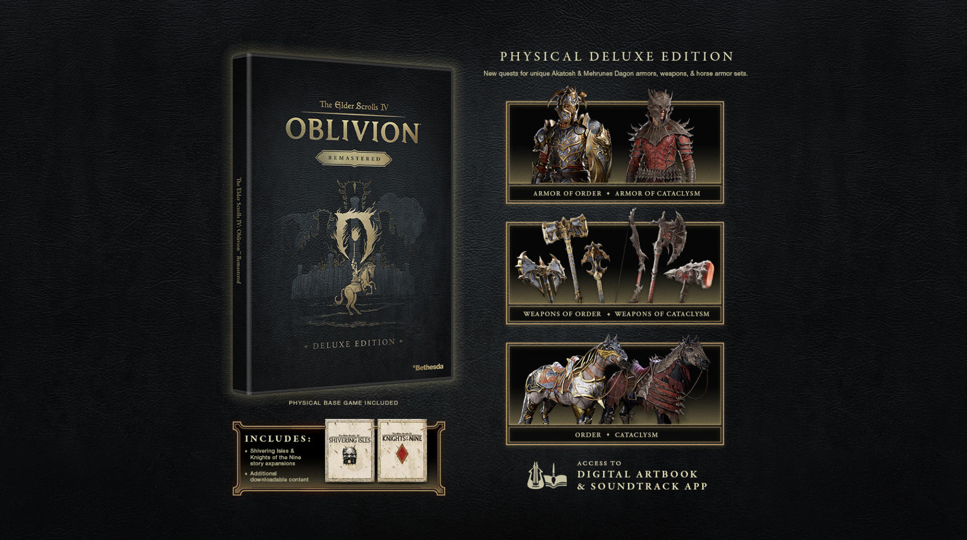 Oblivion-Spielbox, Deluxe Edition, mit Rüstungen, Waffen und Pferderüstungssets. Enthält Erweiterungen und digitalen Artbook-Zugang.