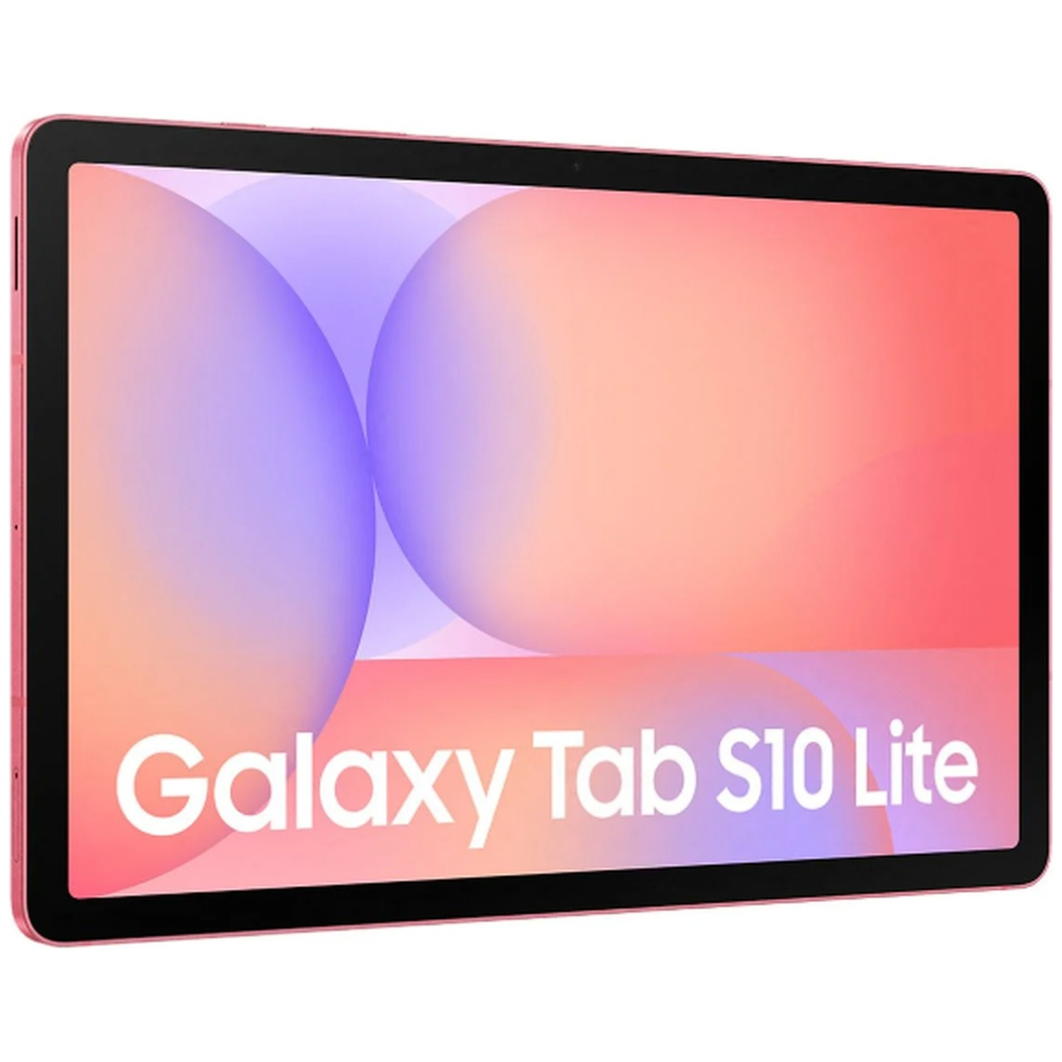 A pink Samsung Galaxy Tab S10 Lite tablet. The screen displays an abstract design with soft colors and the tablet's name.