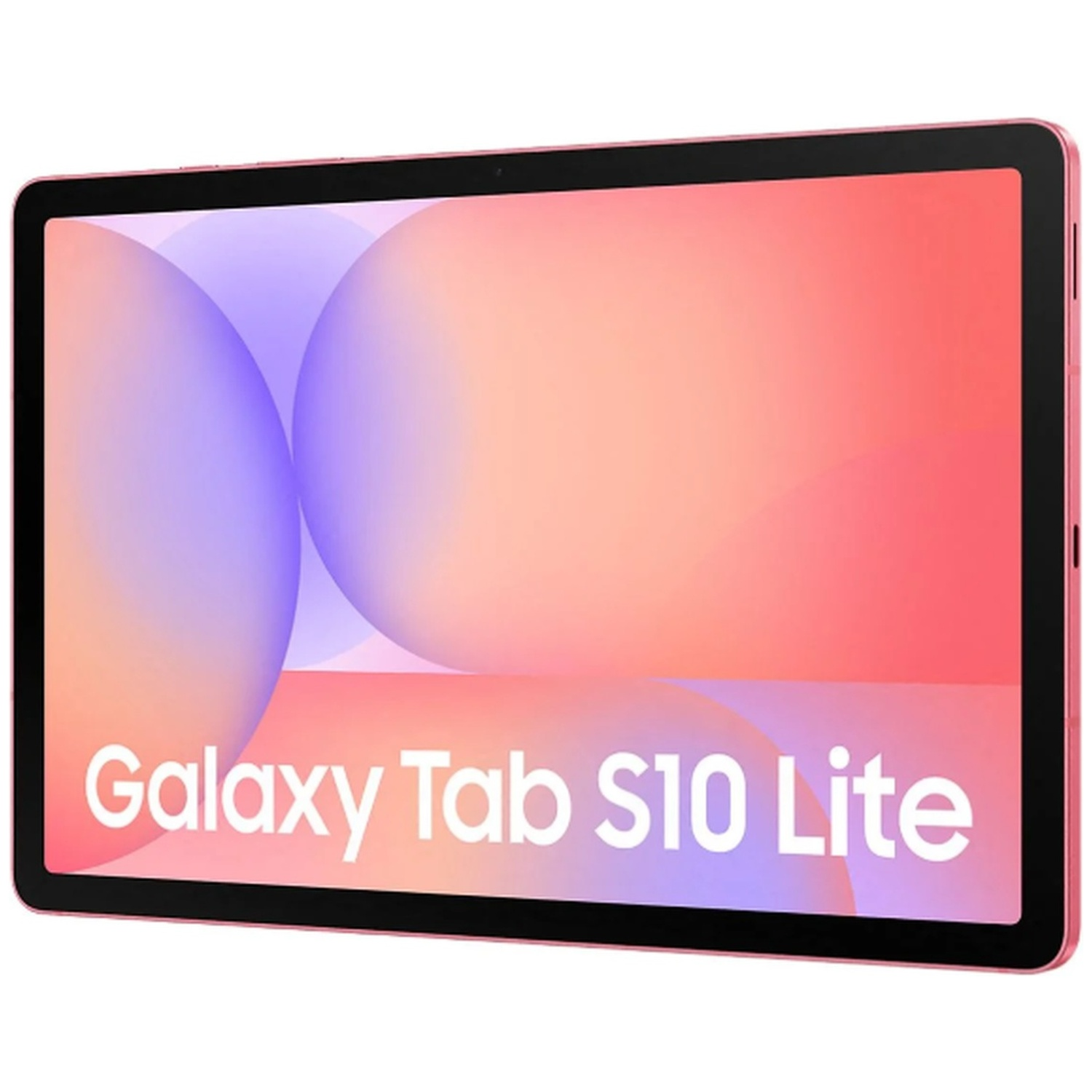 Pink Galaxy Tab S10 Lite tablet. The screen displays a gradient background with spheres. The tablet is in a slight angle.