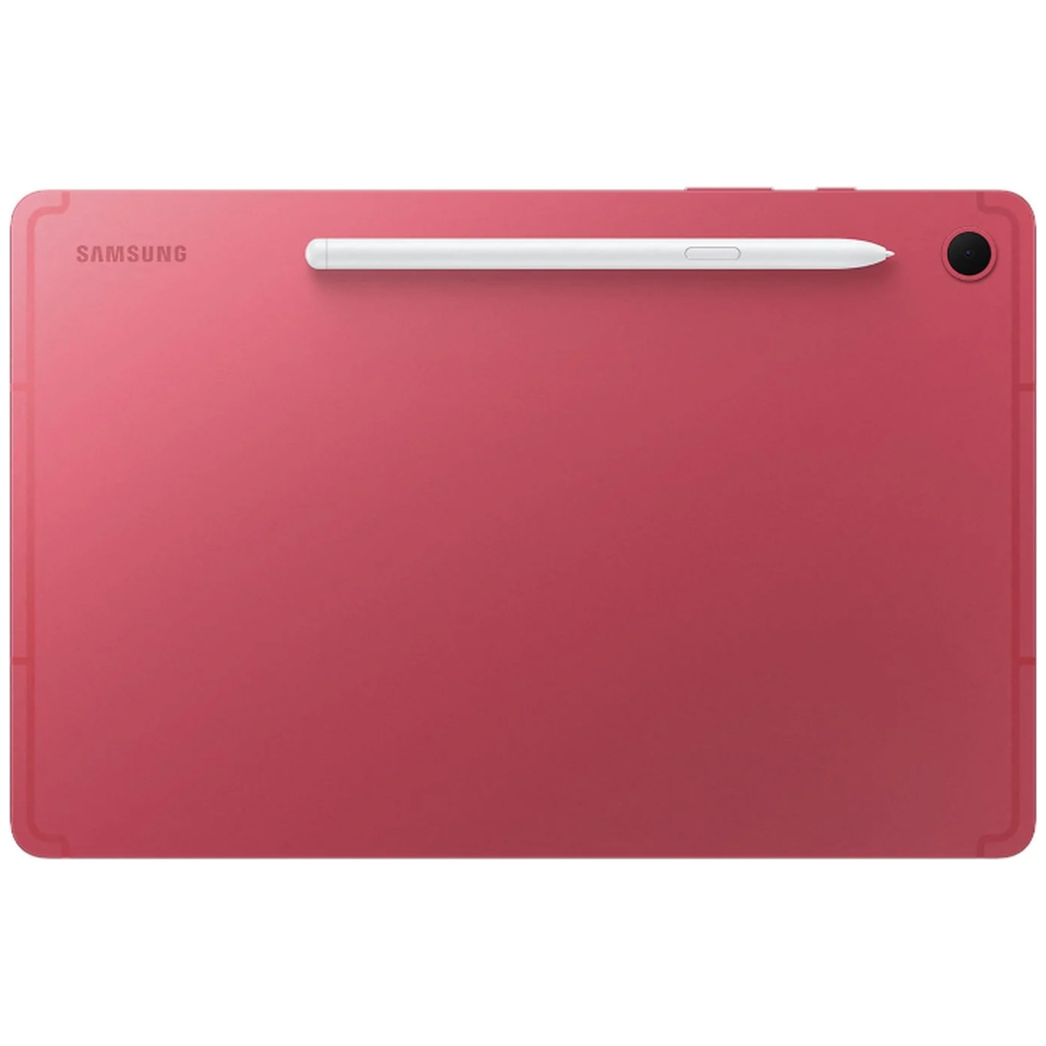 A red tablet with a white stylus on top. The Samsung logo is visible. The tablet has a camera and buttons on the side.