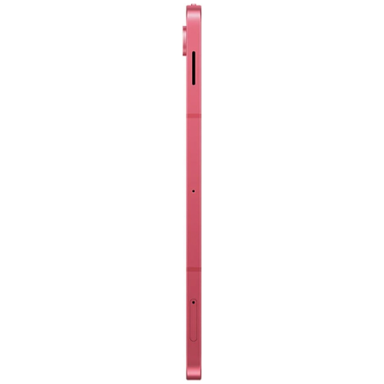 Side view of a pink tablet. It has a camera and buttons on the side. The device is slim and rectangular.